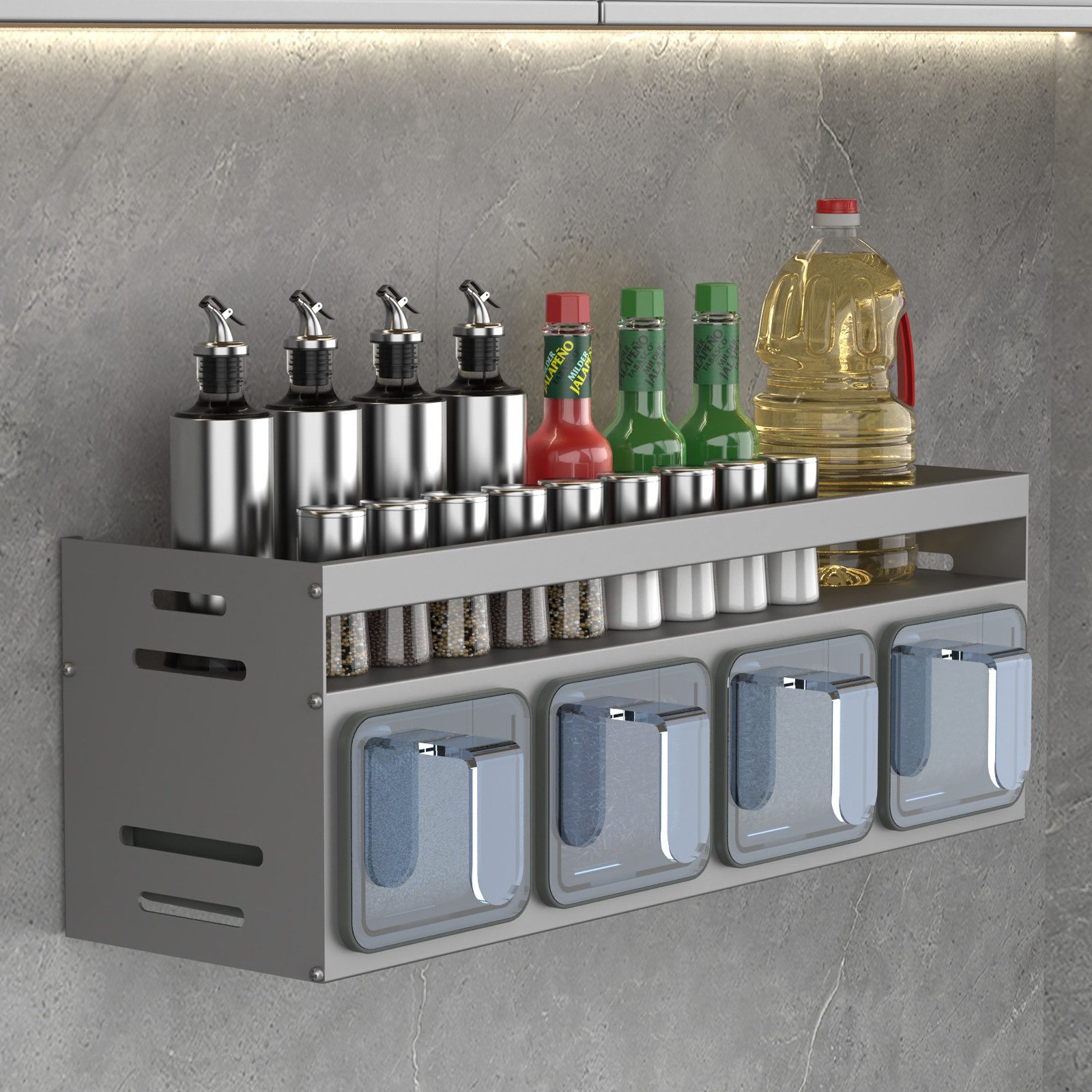 Huracan Gewürzbehälter Gewürzregal Wand,Küchenregal Wand mit Gewürzbox, 4‑fach (32,5 x 10,7 x 12,3 cm), (Gewürzregal Ohne Bohren Metall, Spice Rack), Küchenregal Hängend, Gewürz Organizer für Küchen Arbeitsplatte Schrank