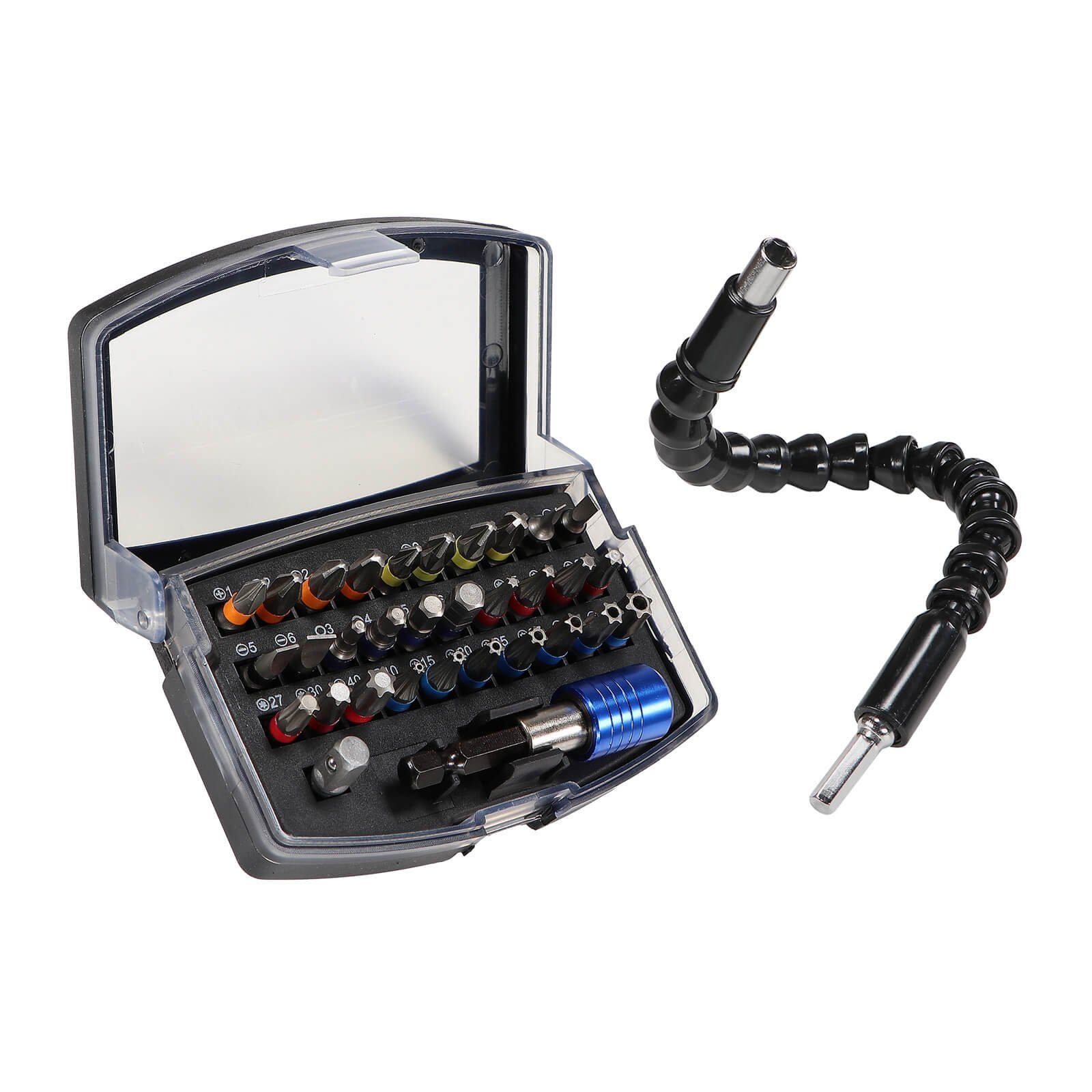 Bit-Set Bitsatz S2 Stahl 32 teilig Box mit Gürtelclip + biegsame Welle Magnet