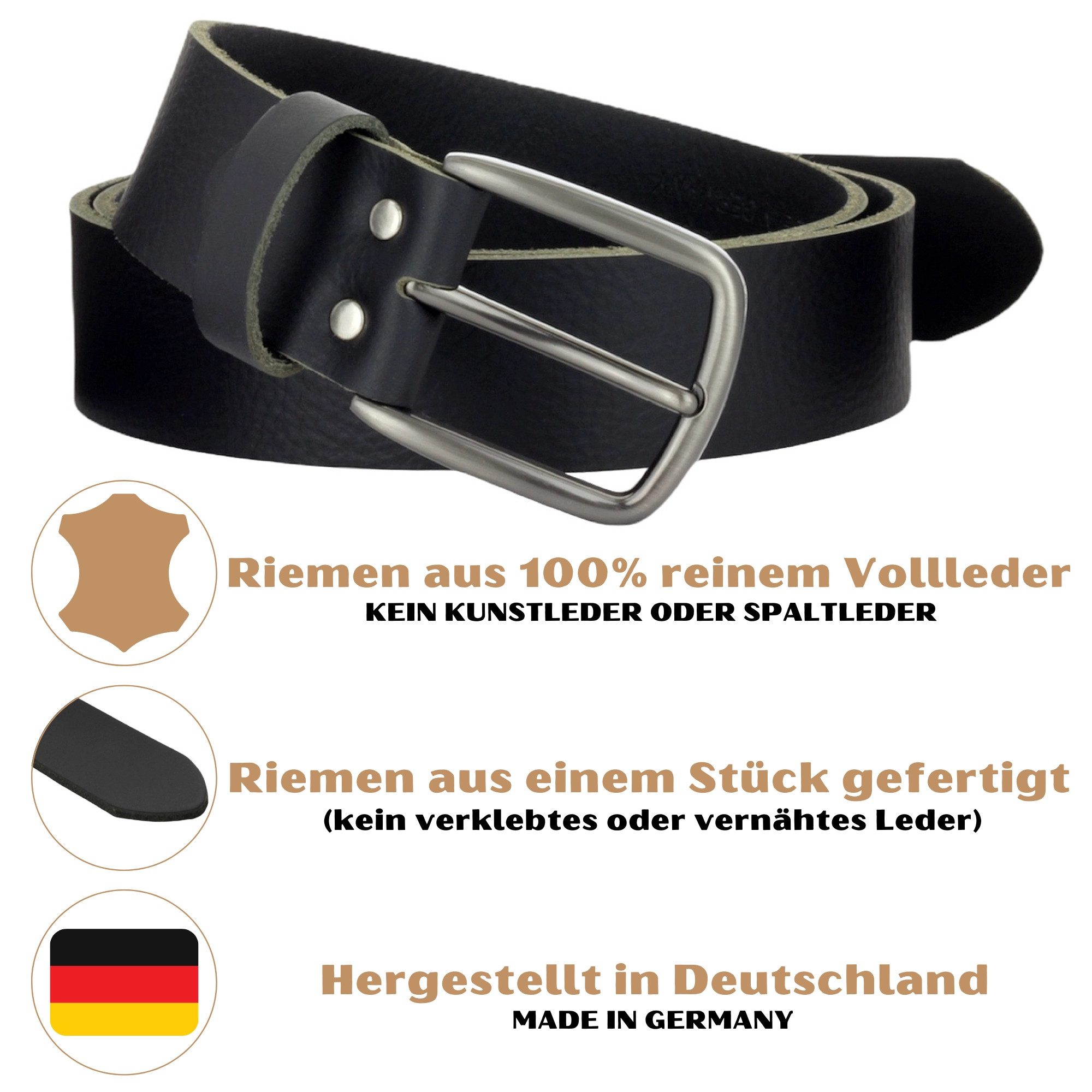 Manza Ledergürtel Gürtel Ledergürtel Schwarz 4cm breit Vollleder Jeansgürtel Unisex Kürzbar