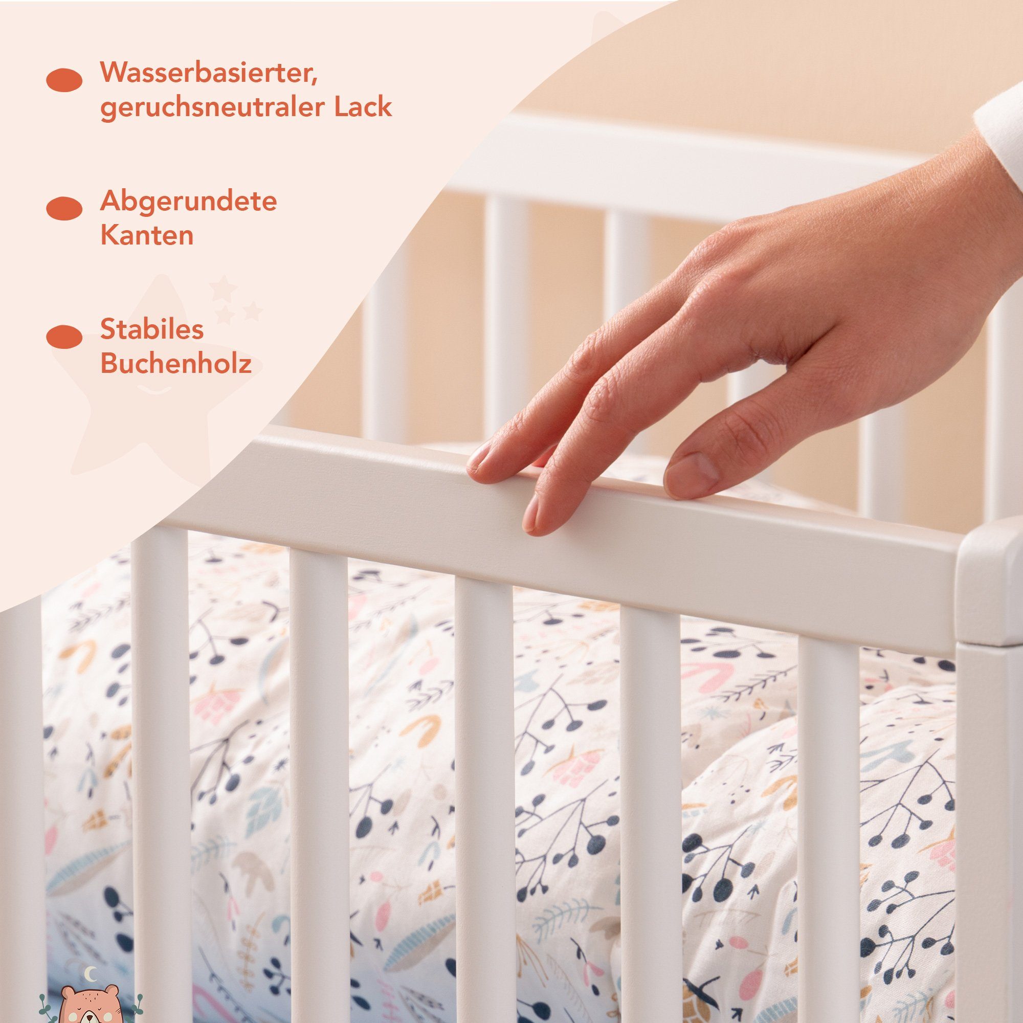 Alcube Babybett FINN I Nachhaltig Babybett mit Buche mit - Schublade FSC®-Zertifikat, mit und Weiß Schublade umbaubar aus 60x120 höhenverstellbar