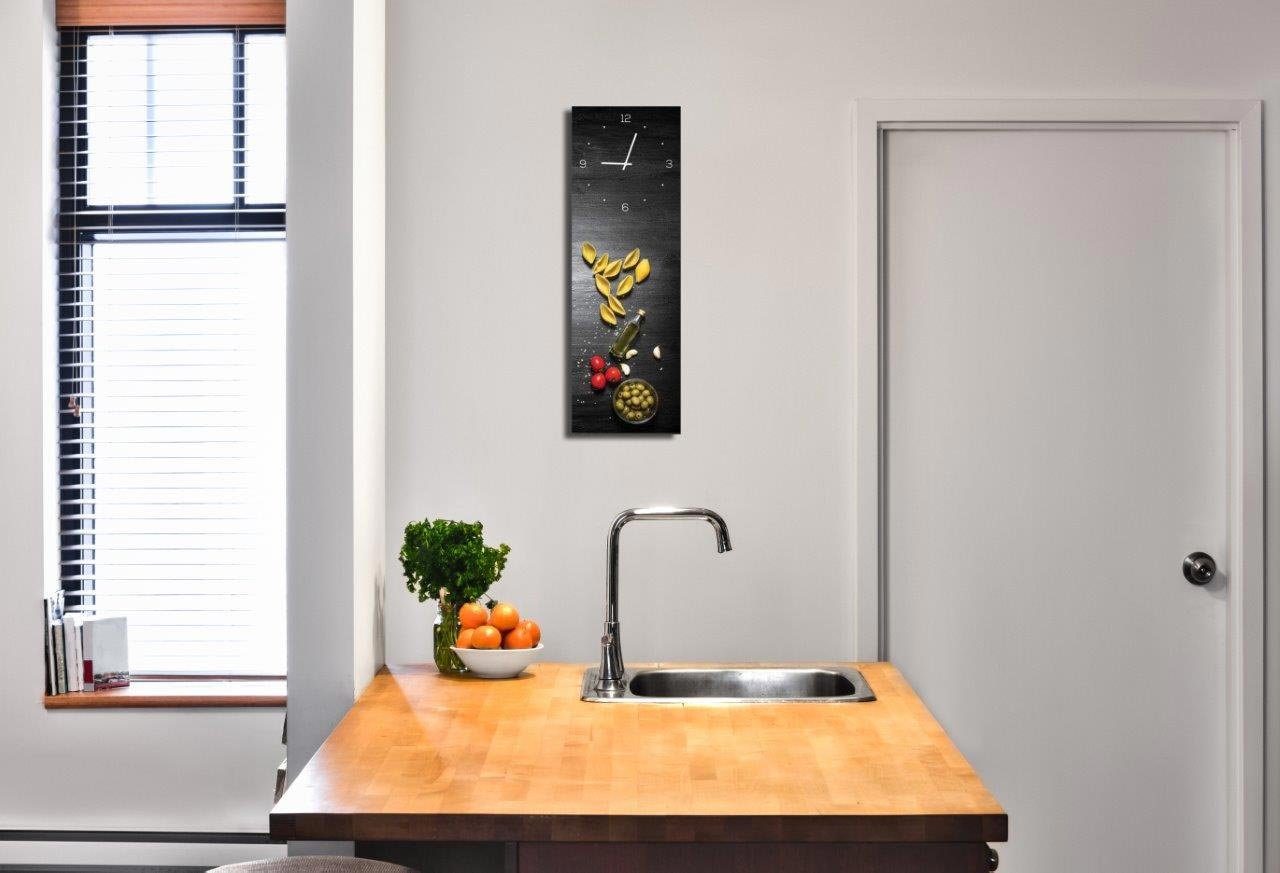Glas Nudeln) Glasbild Levandeo® aus Uhr Küche (Wanduhr Wanduhr 20x60cm als Pasta