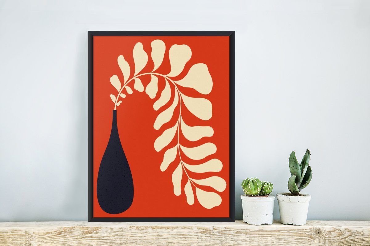 Rot, mit Vase - Bilderrahmen St), MuchoWow - Poster Poster, Blume Kunstdruck, Schwarzem (1 Gerahmtes Rahmen, Pflanze -