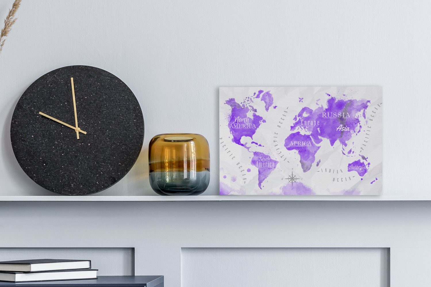 OneMillionCanvasses® Leinwandbild Weltkarte - St), - Aufhängefertig, (1 Leinwandbilder, Wanddeko, cm Violett, 30x20 Ölfarbe Wandbild