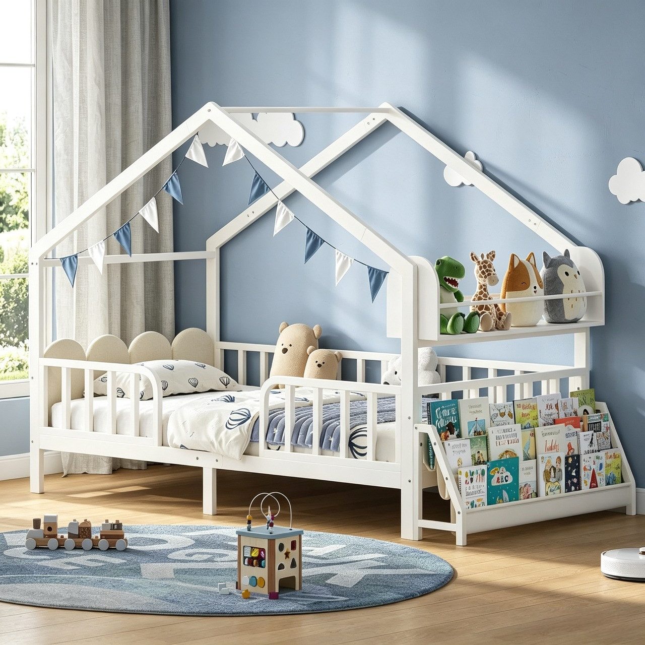 KIMENICH Kinderbett Hausbett mit Rausfallschutz, Montessori Bodenbett mit Bücherregal (Ohne Matratze), DIY Rückzugsort, gepolstertes Kopfteil, 90 x 200 cm