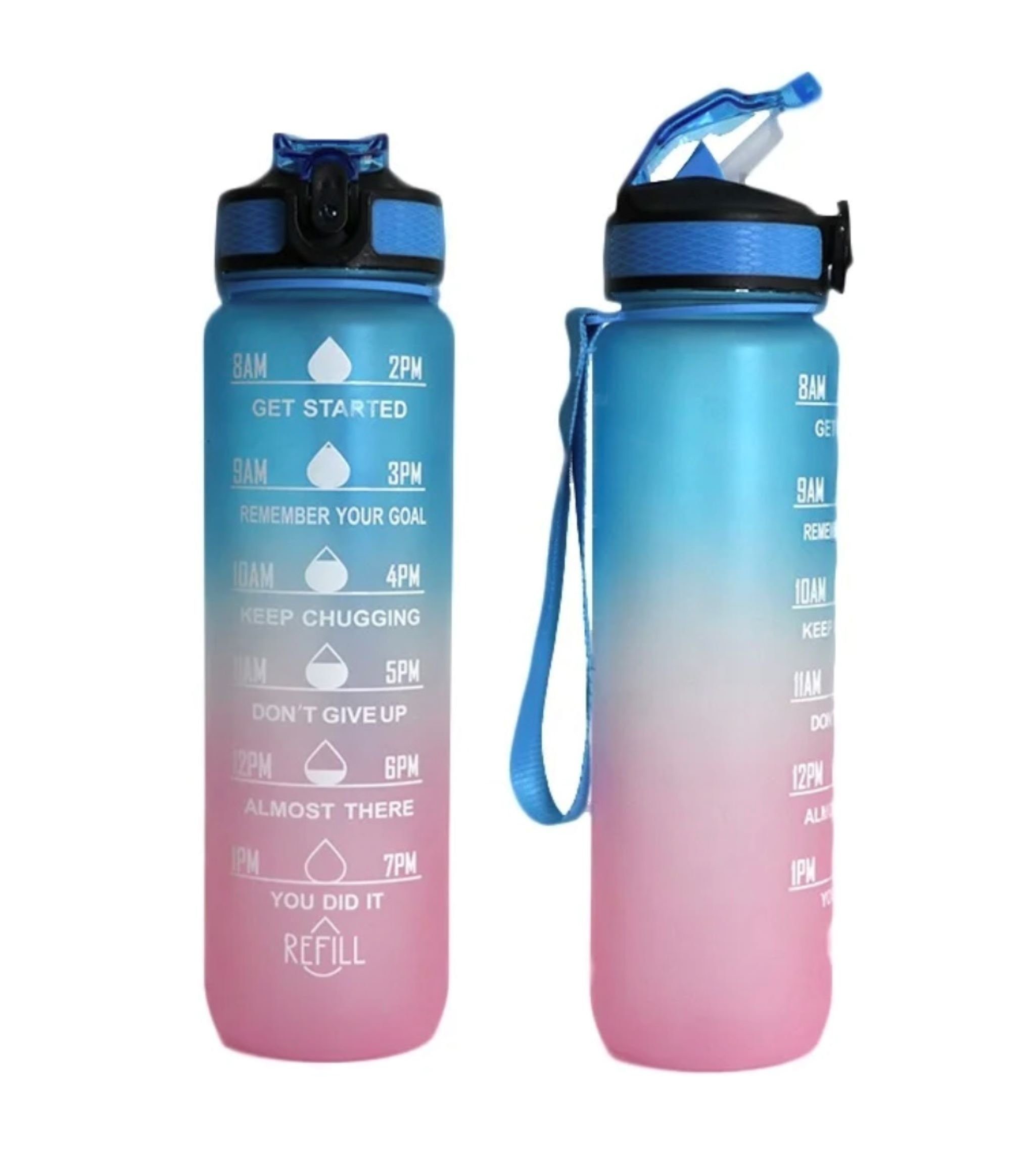 Botells Trinkflasche Sportflasche Wasser 1 l, Trink Motivation Skala, Strohhalm, Fitness, Sport, Schule, Ausflug, Büro, leicht, auslaufsicher, motivierend blau pink