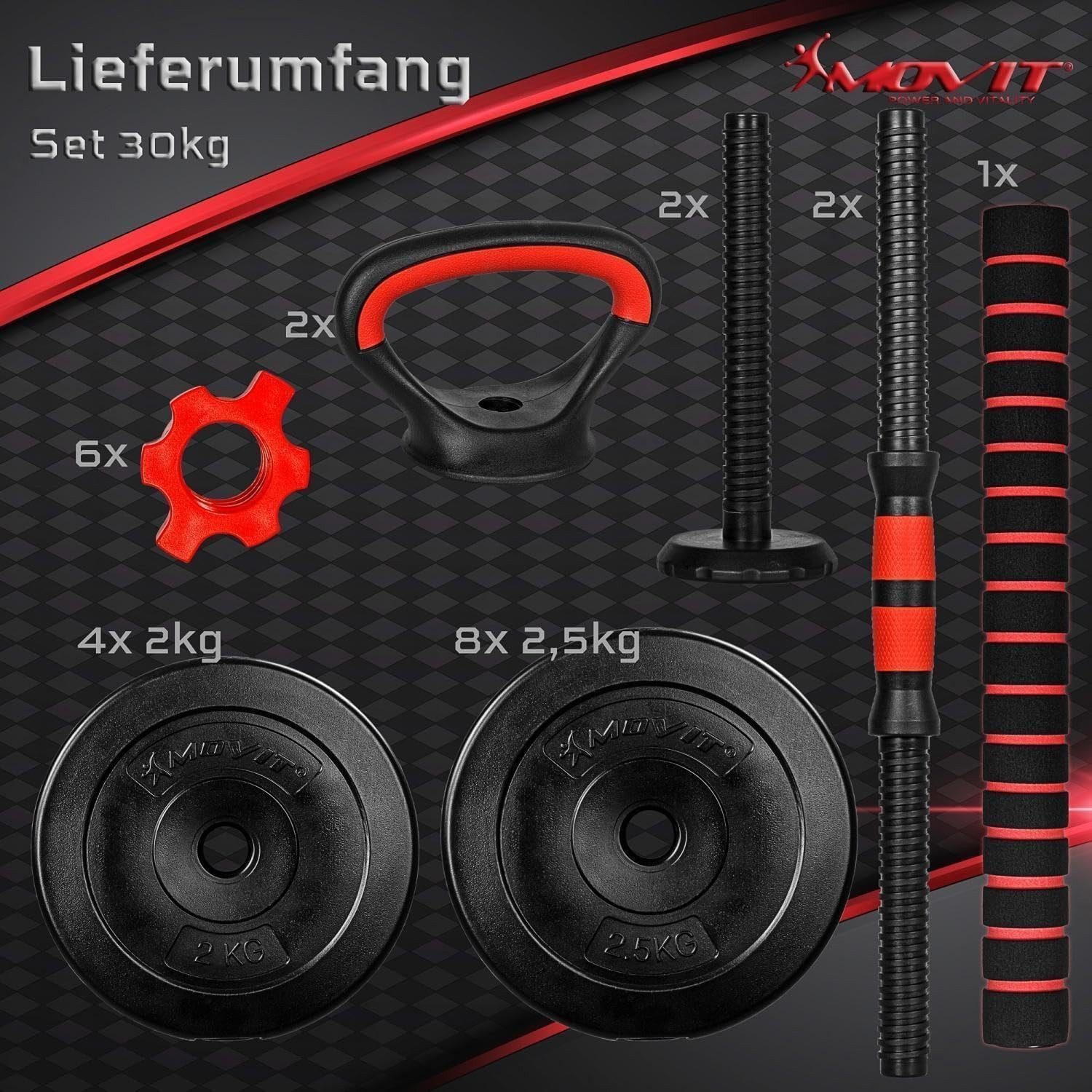 MOVIT Hantel-Set Hanteln Set - 6in1, 20/30kg, Hantel Gewichte, Kurzhanteln, Kettlebell, Schwarz und Rot/Orange, Verstellbare