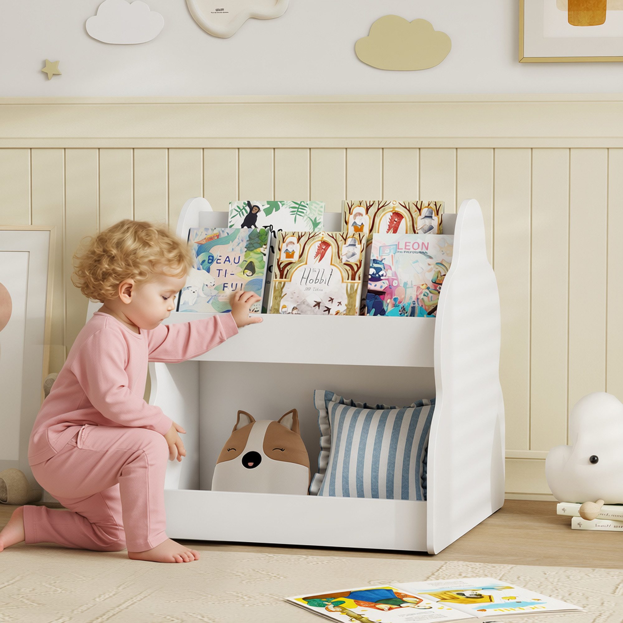 AIYAPLAY Spielzeugtruhe Kinderregal, Kinder-Bücherregal mit Rädern, 4 Regalen (Kinderregal, 1 St., 2-stöckiges Spielzeugregal), für Kinderzimmer, Spielzimmer, Wohnzimmer, 54 x 50 x 56 cm, Weiß