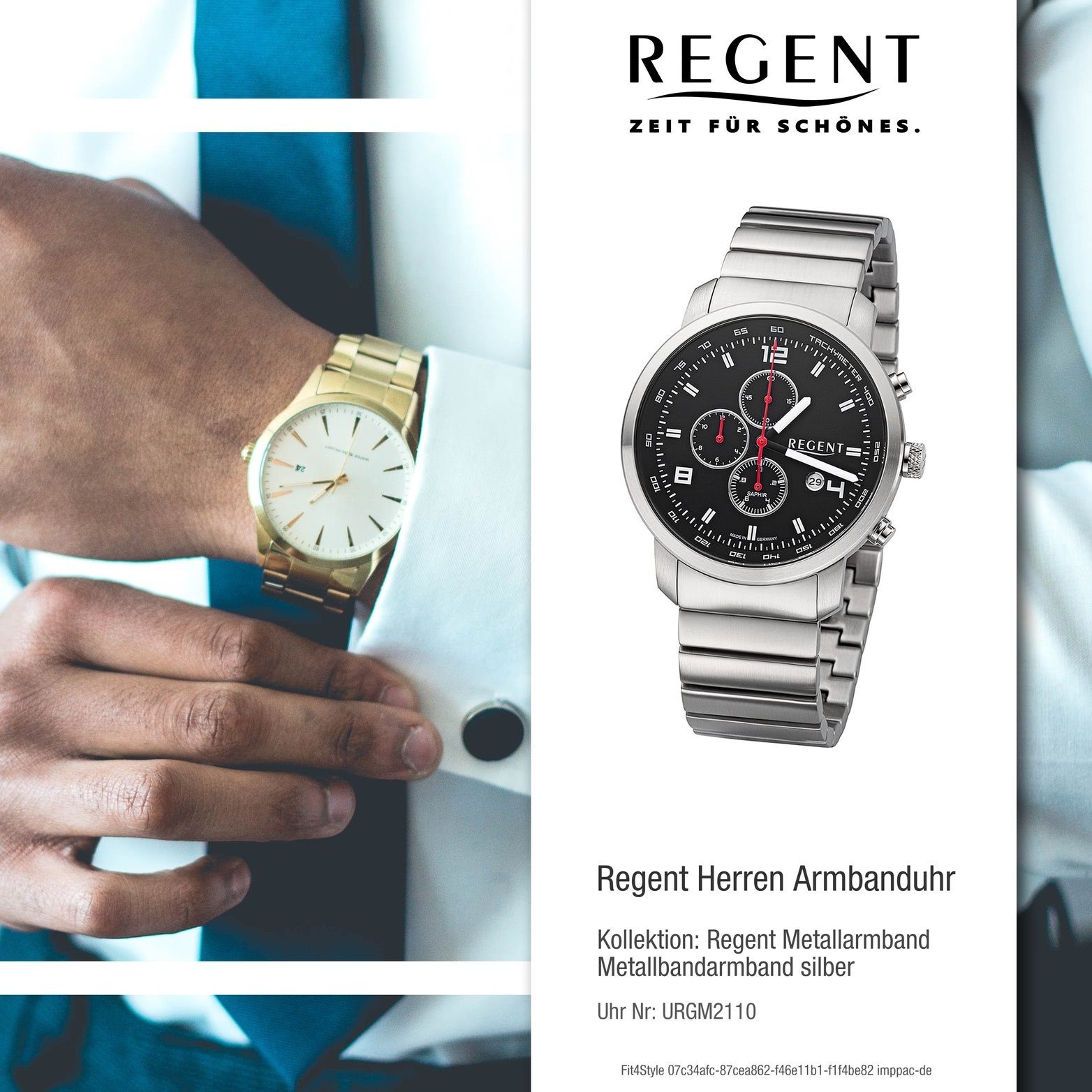 Herrenuhr Metallbandarmband Armbanduhr Regent groß 44mm) silber, Gehäuse, Quarzuhr Herren Regent rundes Analog, (ca.