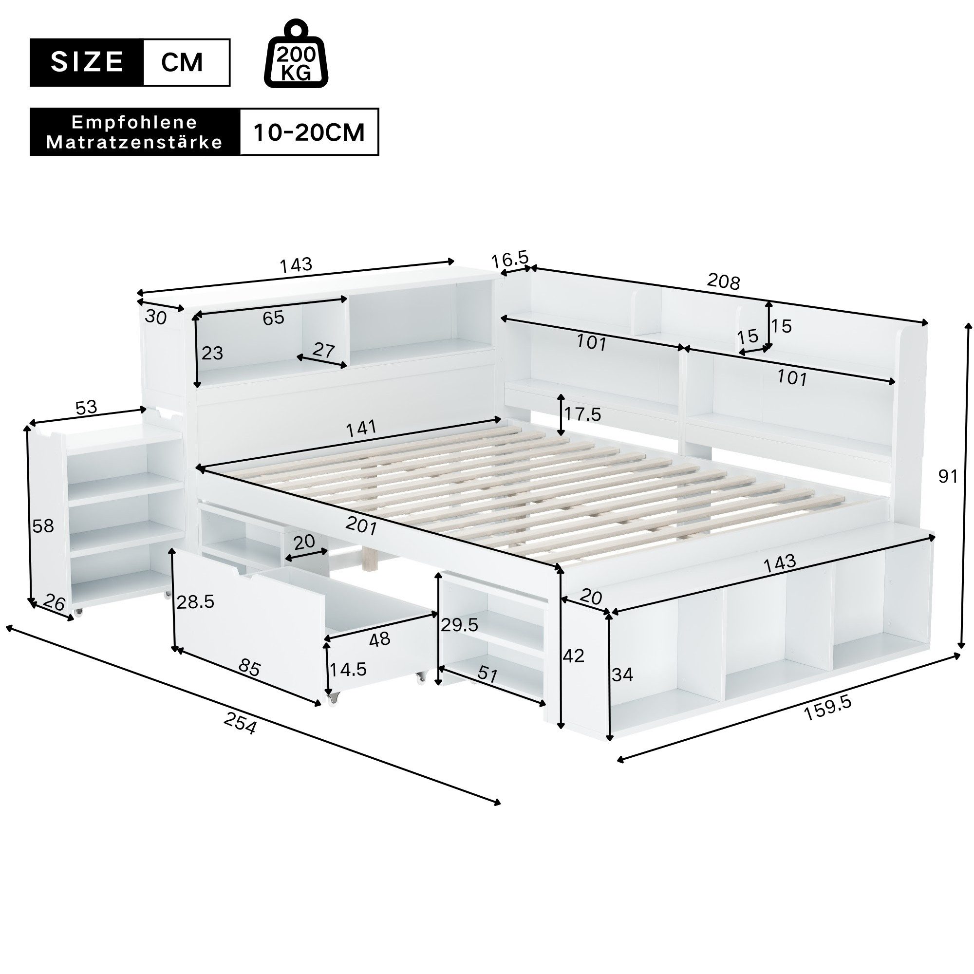 Ulife Kinderbett Jugendbett, multifunktionales Holzbett mit Stauraum (Ohne günstig online kaufen
