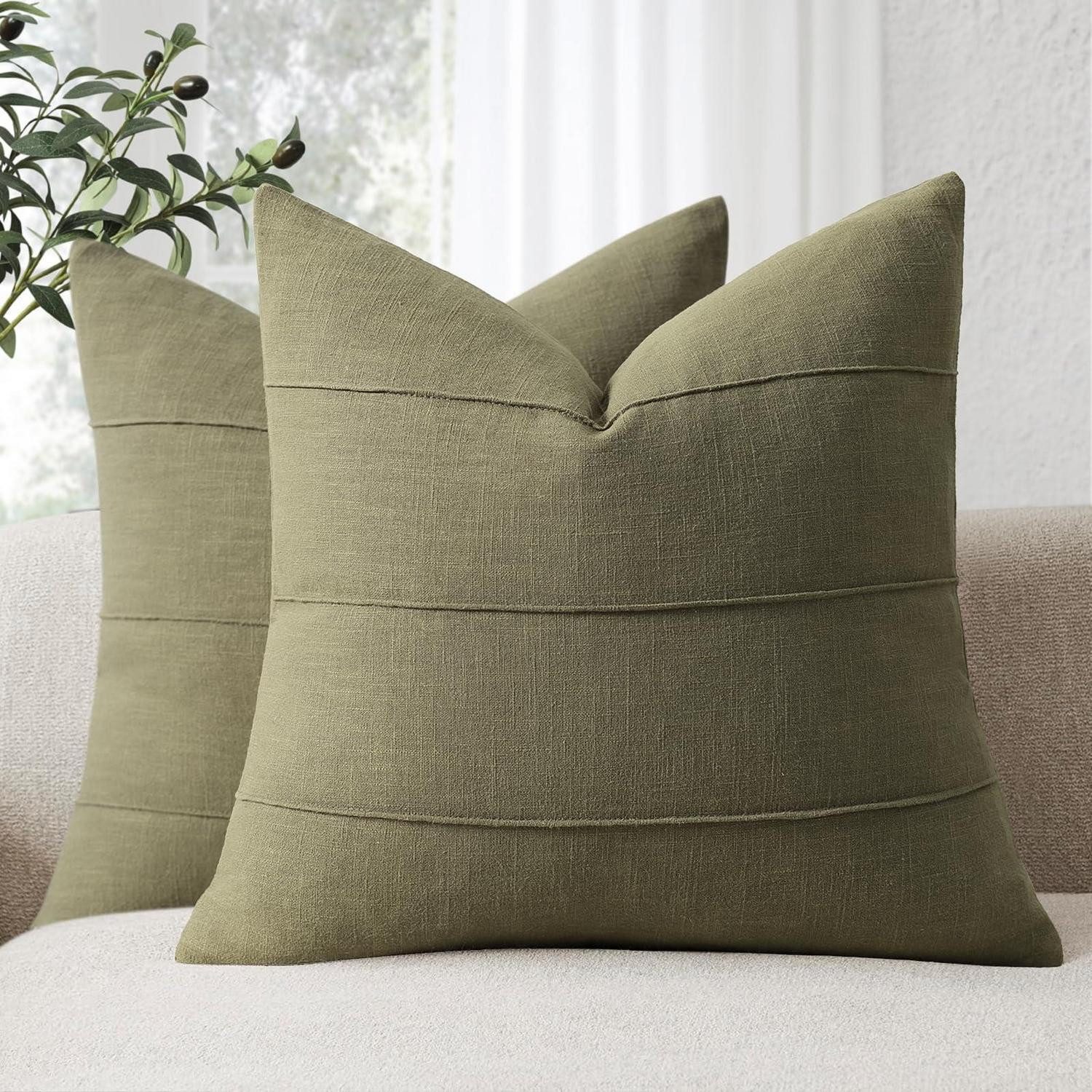LuxusKollektion Kissenbezüge Kissenbezug Natur-Leinen 2er Set Olivgrün 40x40, (2 Stück)