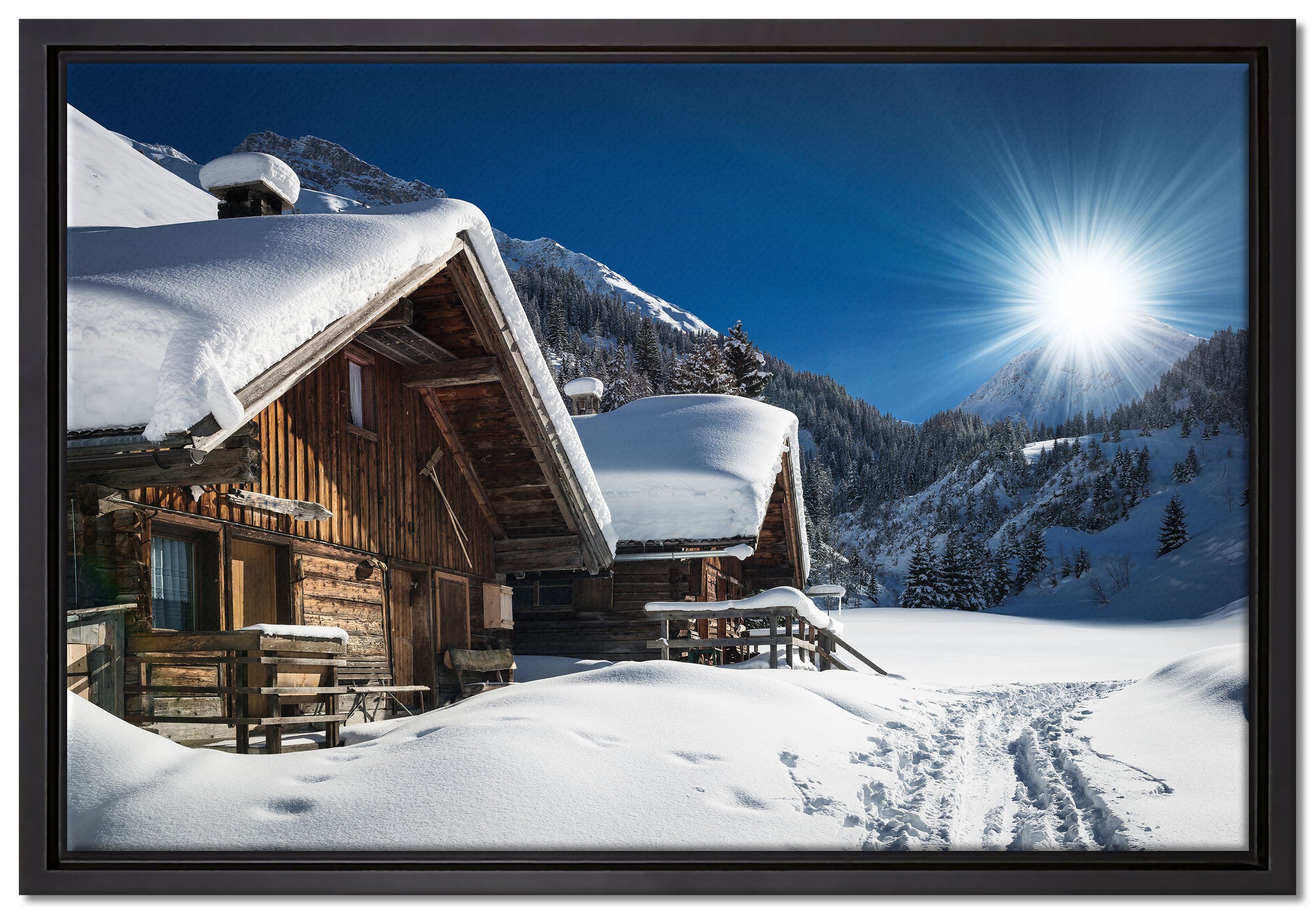 Pixxprint Leinwandbild Verschneite Alpenhütte, Wanddekoration (1 St), Leinwandbild fertig bespannt, in einem Schattenfugen-Bilderrahmen gefasst, inkl. Zackenaufhänger