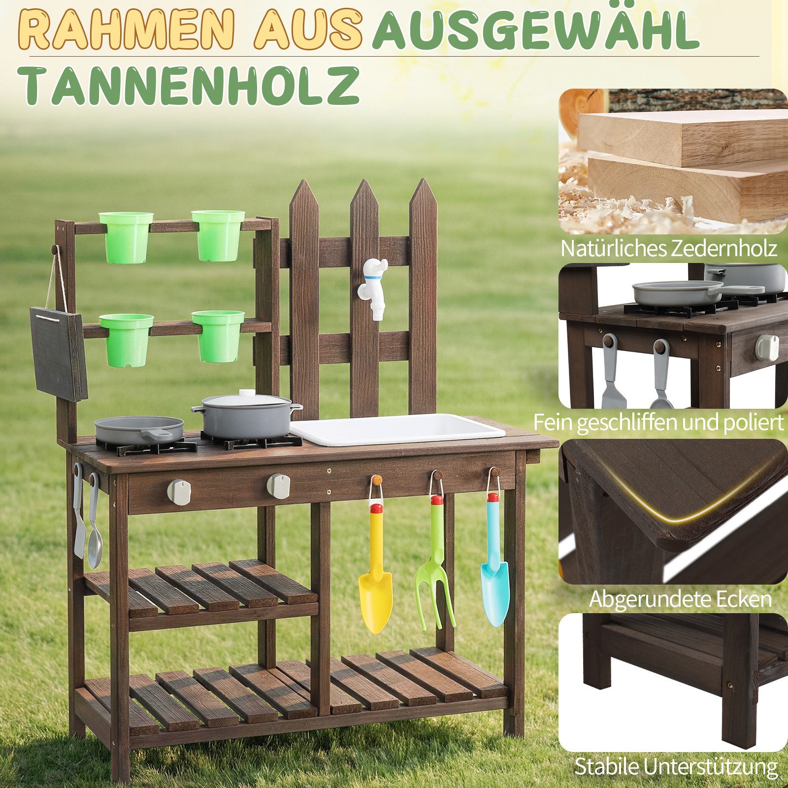 LALAHO Outdoor-Spielküche Holz Matschküche mit Pflanzentöpfen & Werkzeugen, Spielküche Für Garten, Balkon & Kinderzimmer geeignet