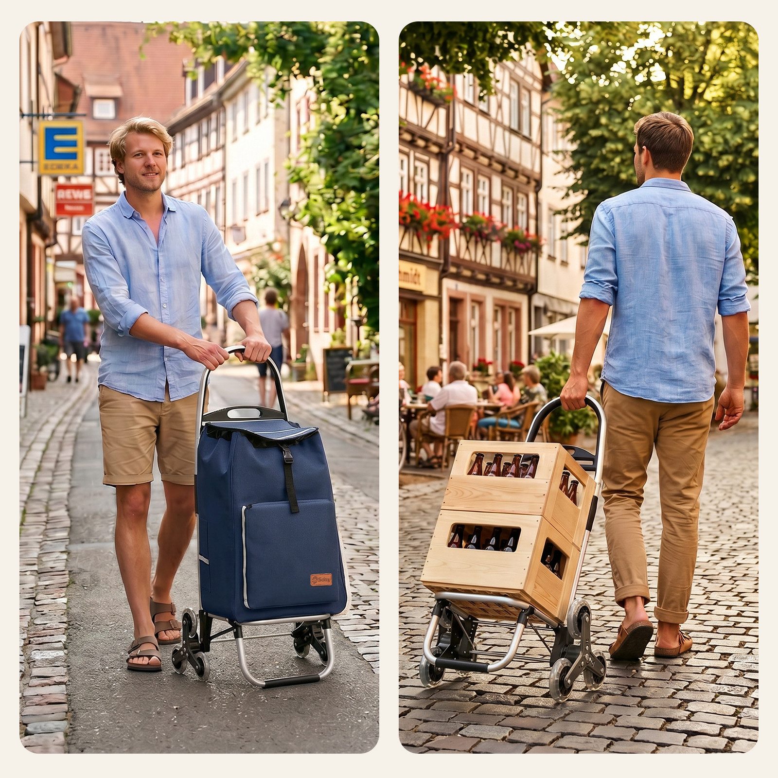 Sekey Einkaufstrolley Aluminium 2-in-1 Faltbar Einkaufstrolley Treppensteiger mit Kühltasche, 50 l zusammenklappbarer Transportwagen Treppensteiger Einkaufswagen