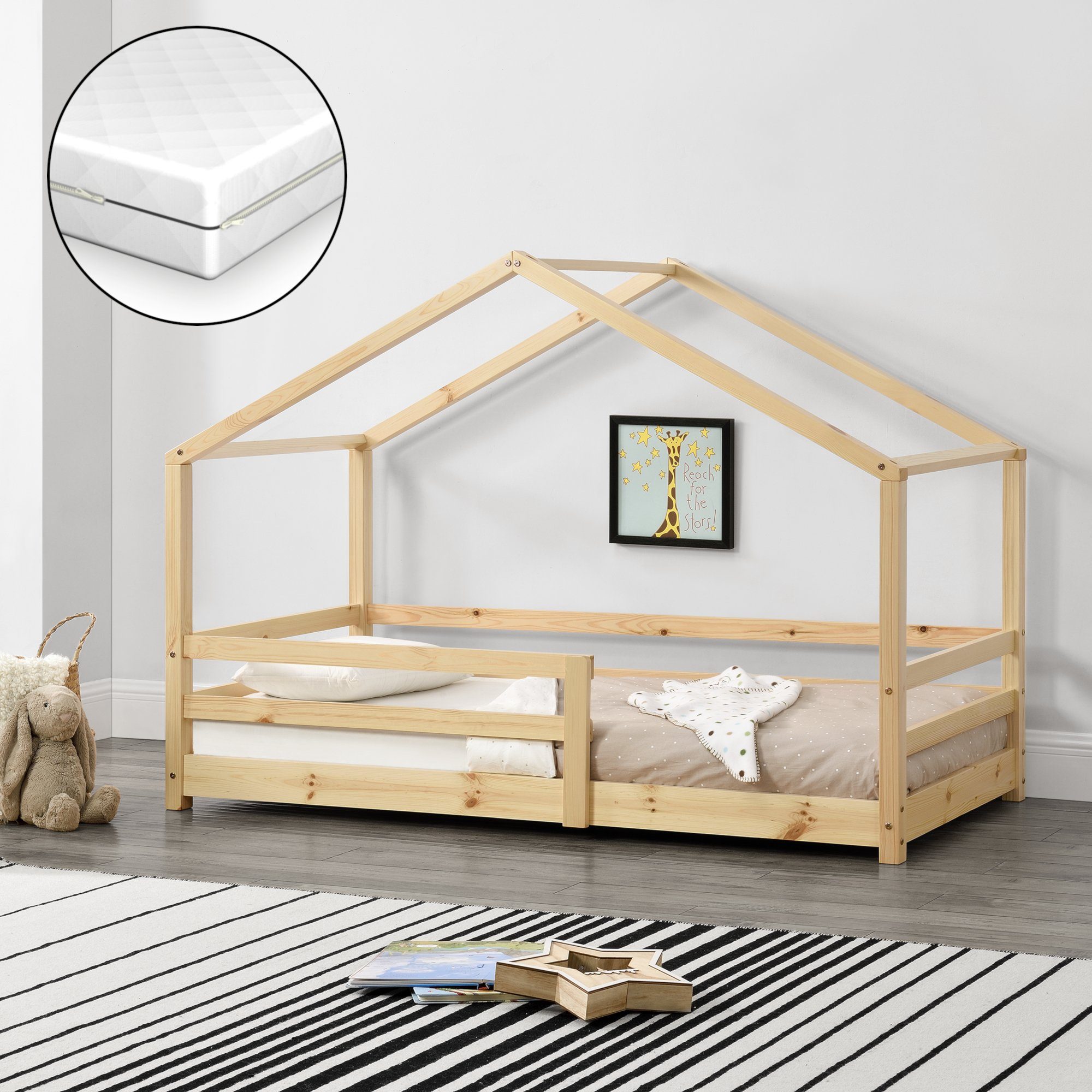 Kinderbett Matratze mit Rausfallschutz 70x140cm Haus Holz Weiß Bettenhaus Bett 