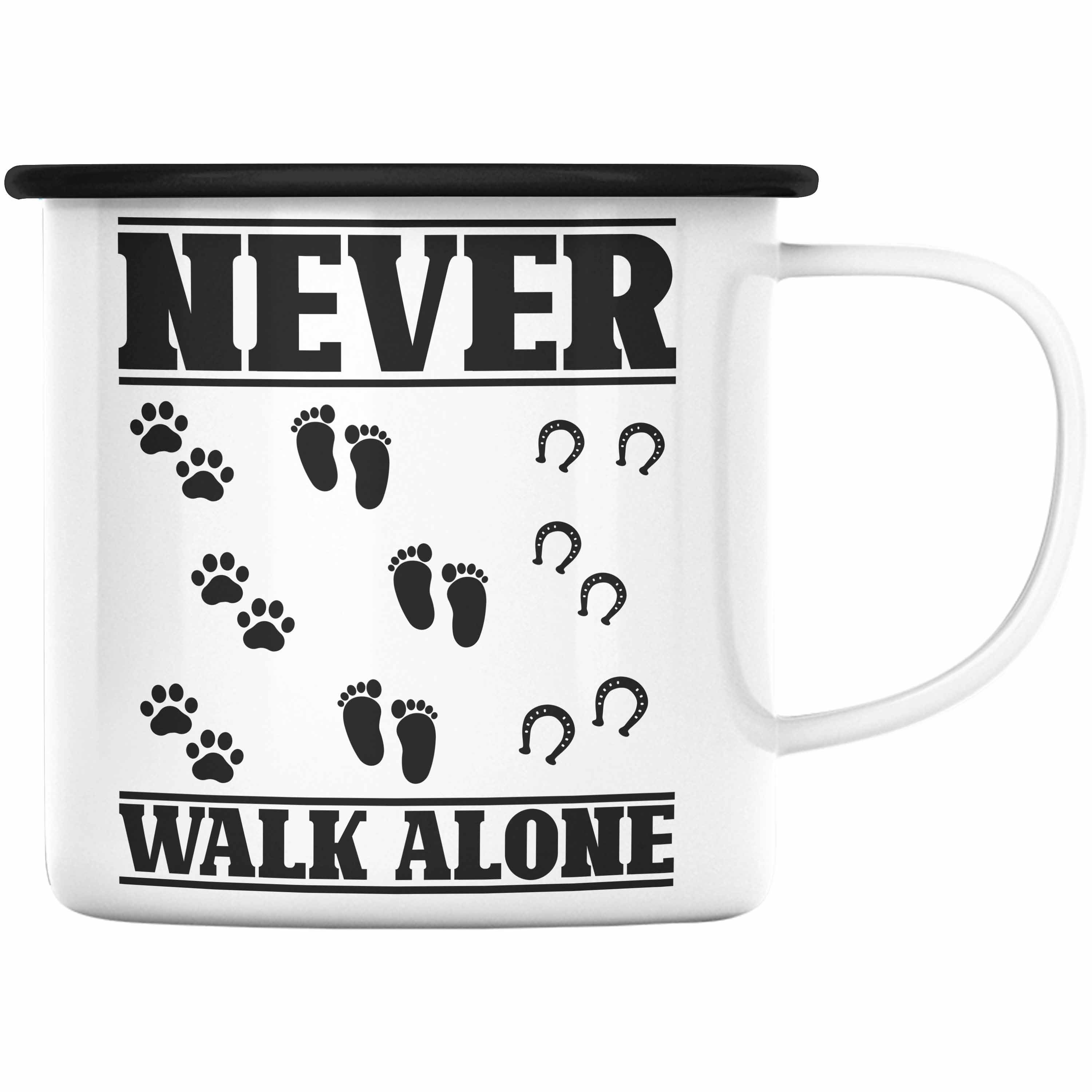 Trendation Thermotasse Trendation - Hund Pferd Reiter Emaille Tasse Geschenk Never Walk Alone Reiterin Geschenk Pferde Mädchen Schwarz