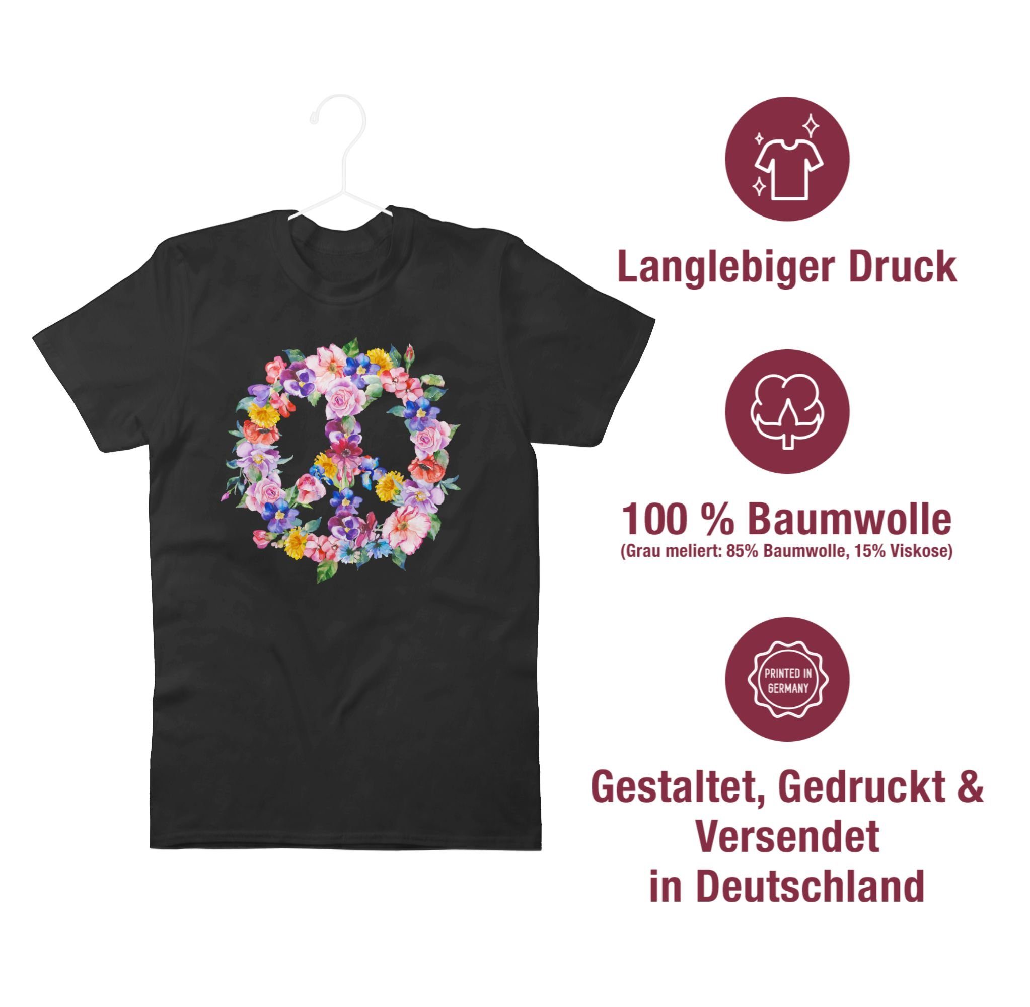 mit Shirtracer T-Shirt 1 Schwarz Statement Zeichen Peace Blumen Sprüche bunten