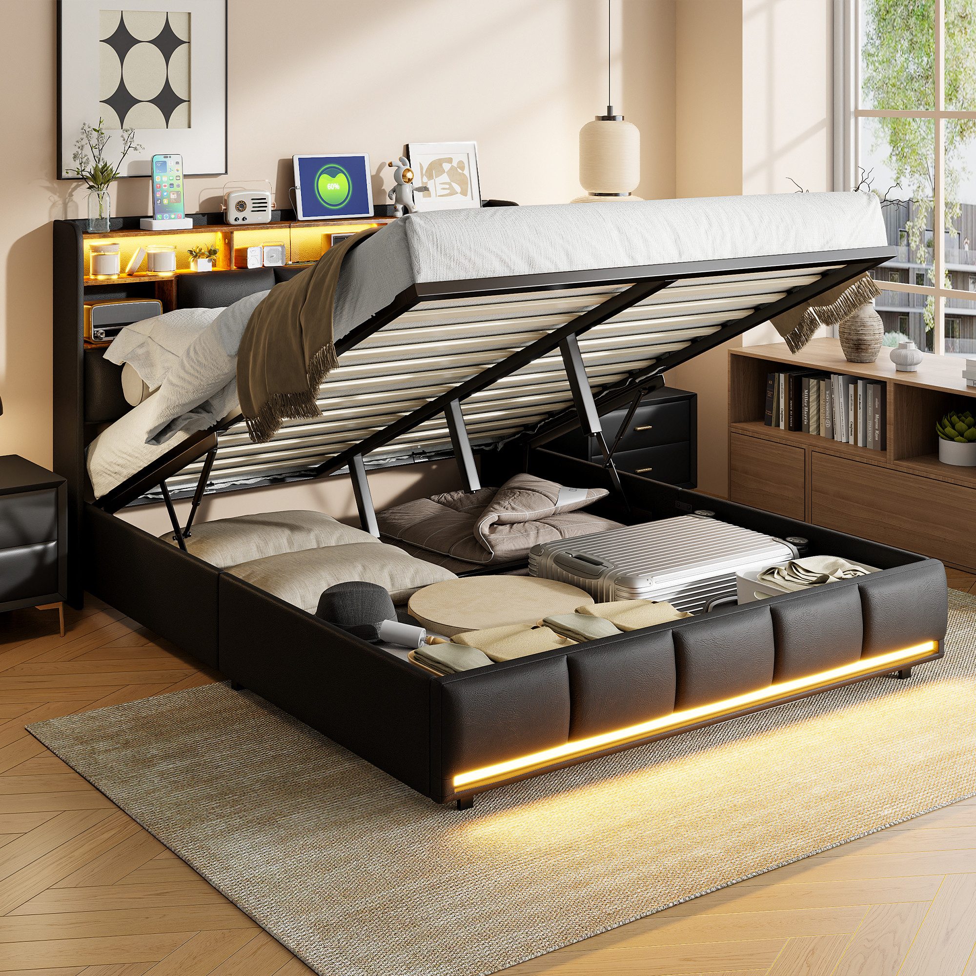 PXloue Polsterbett LED Doppelbett Stauraumbett (Hydraulisch günstig online kaufen