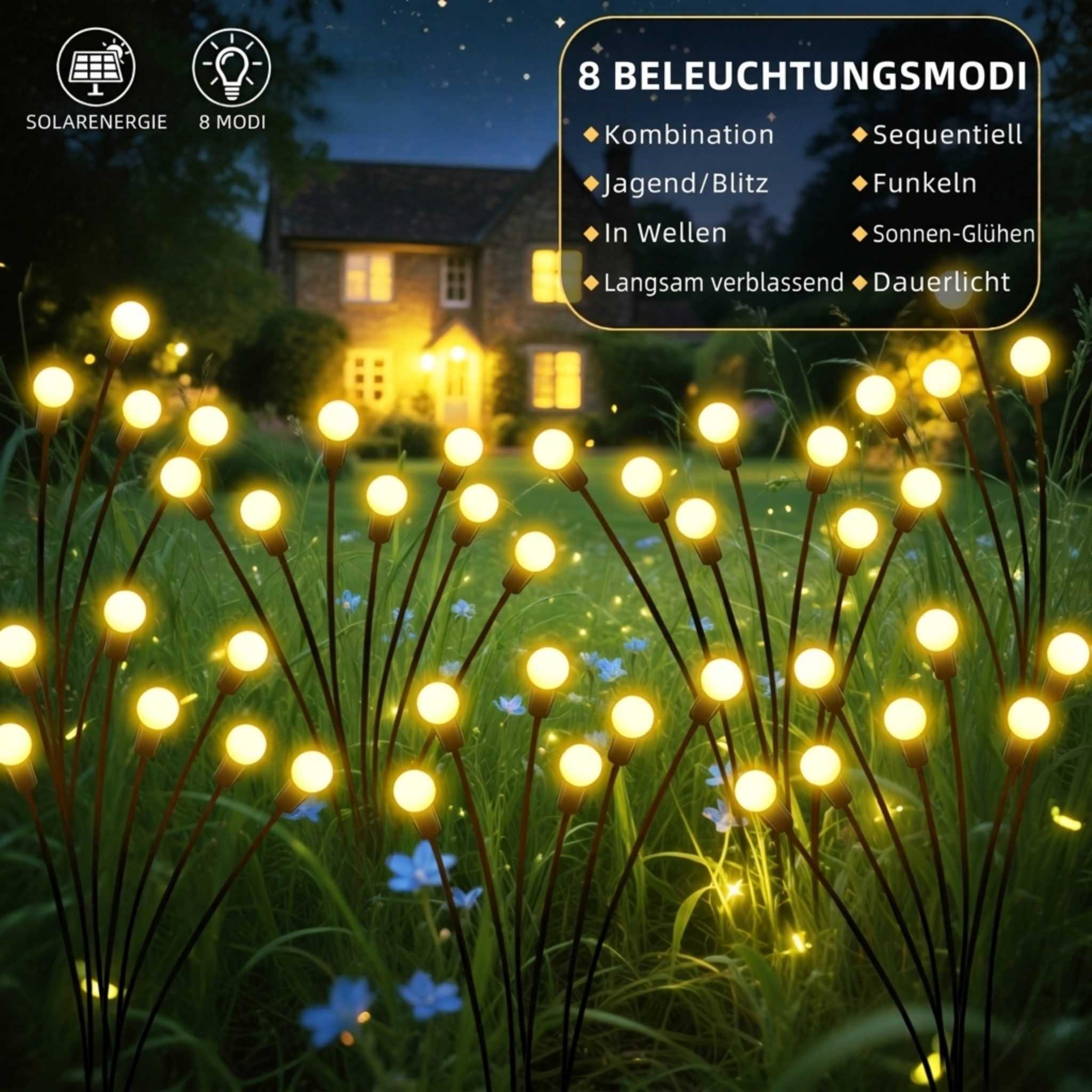Norvéa Home LED Gartenleuchte Solar Glühwürmchen Gartenleuchten 4er Set 32 LED warmweiß, LED fest integriert, warmweiß, Glühwürmchen-Effekt, 8 Lichtmodi, automatische Dämmerungsfunktion