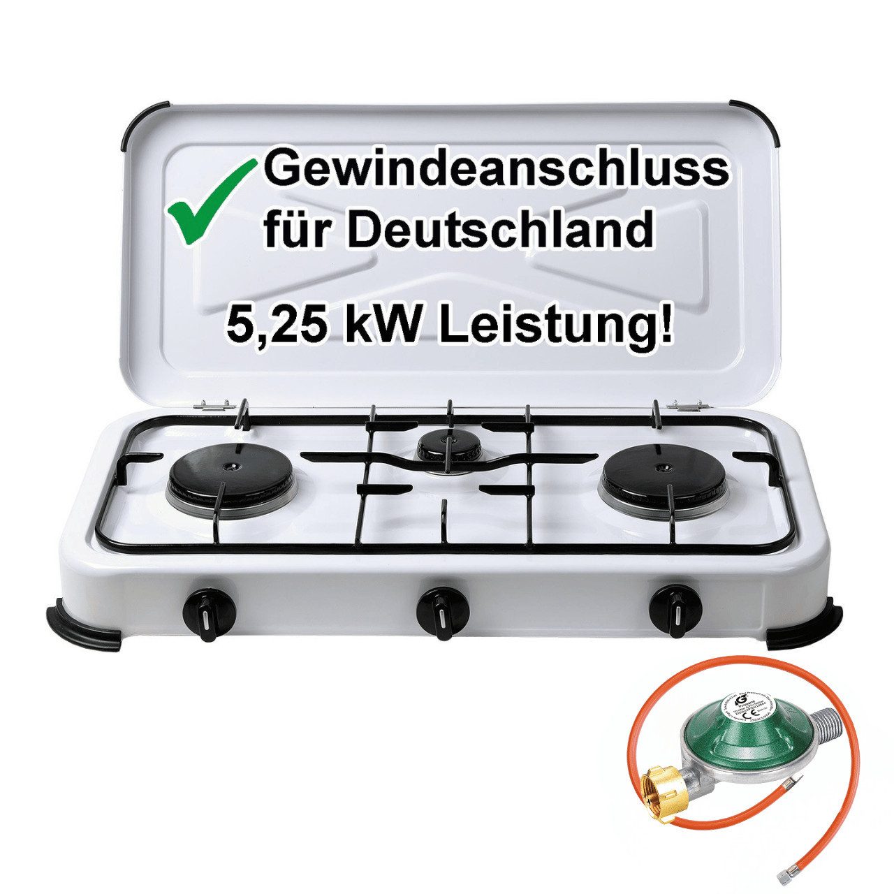 BlueCraft Gaskocher 3 flammig 50mbar Propan Gas Campingkocher 5,25 kW Gas-Kochfeld Gasherd, (mit Schlauch 100 cm und Gas Regler Druckminderer), Camping Gas Kocher 3 flammen für Gasflasche