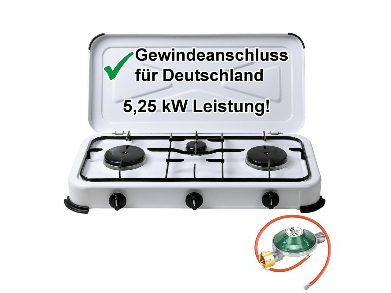 BlueCraft Gaskocher 3 flammig 50mbar Propan Gas Campingkocher 5,25 kW Gas-Kochfeld Gasherd, (mit Schlauch 100 cm und Gas Regler Druckminderer), Camping Gas Kocher 3 flammen für Gasflasche
