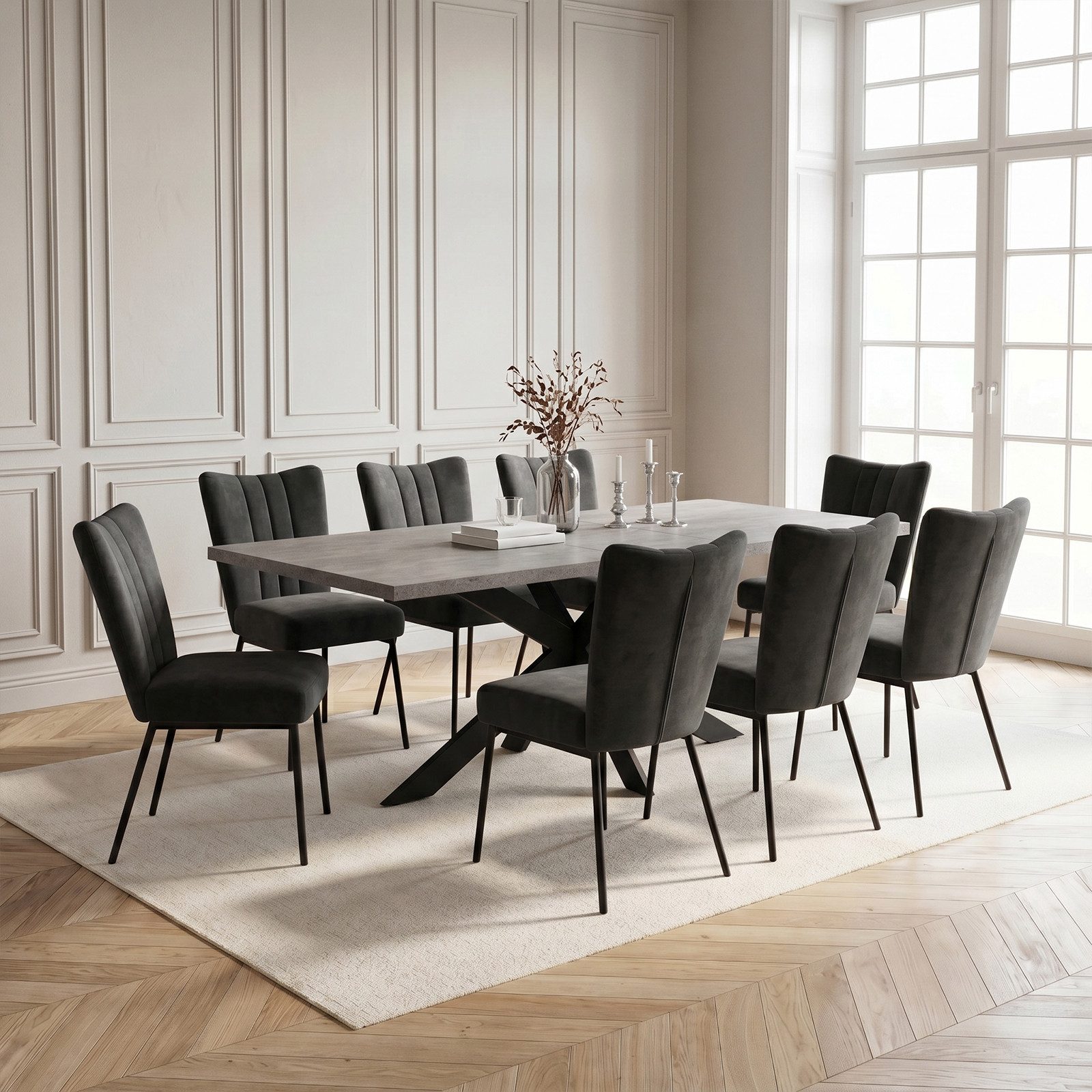 Jiexi Essgruppe Tisch-und Stuhlset, Ausziehbarer Esstisch (160–200 cm) mit 6-8 Stühlen