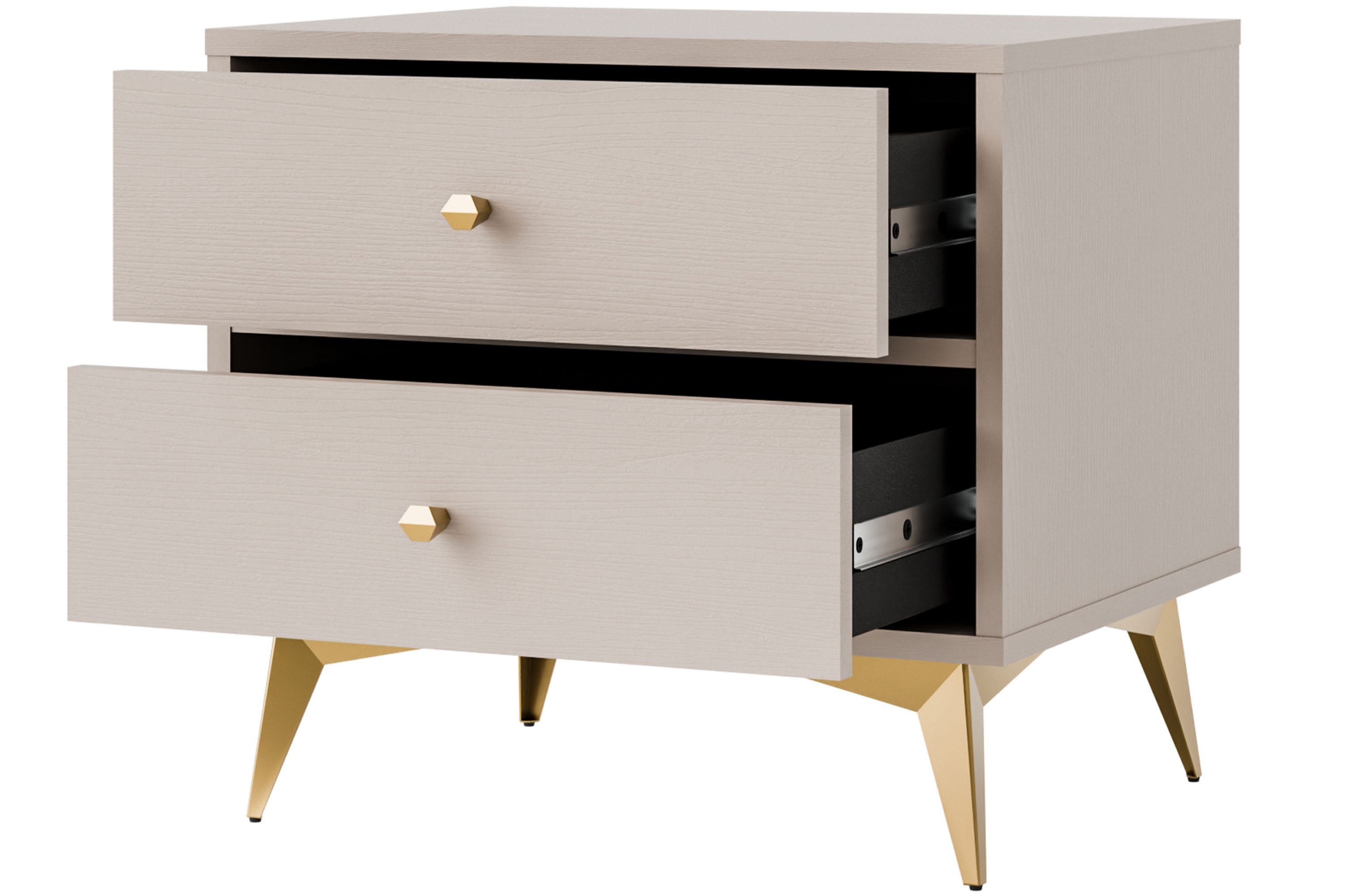 KONSIMO® Nachttisch FLOREN Nachtschrank, Beistelltisch, hergestellt in der EU, Elegant, mit Goldelementen, Holzstruktur, mit Schubladen