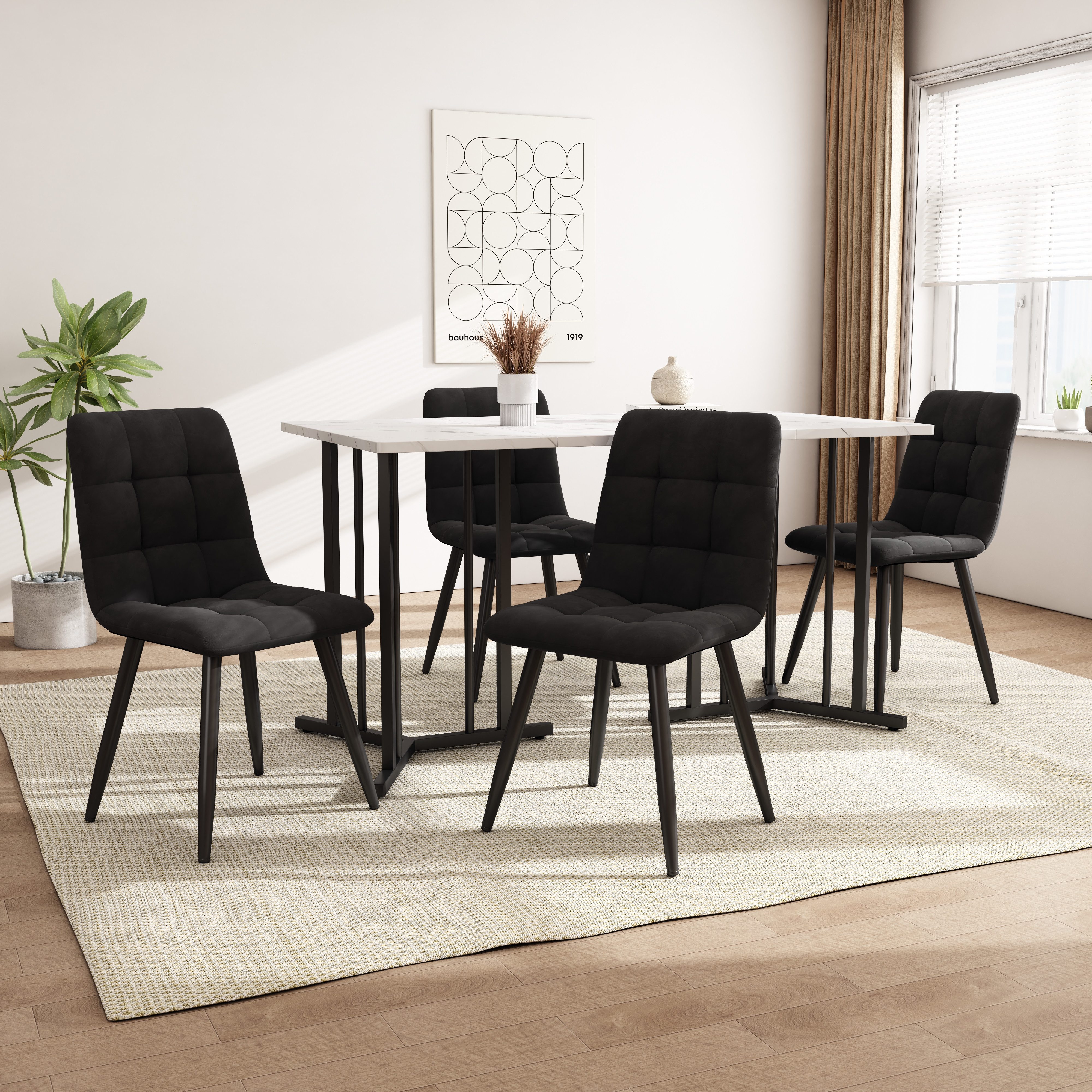 WISHDOR Essgruppe Esstisch mit 4 Stühlen Set, (5-tlg), mit Golden Metallbeinen,Weißer MDF-Desktop,140×80cm