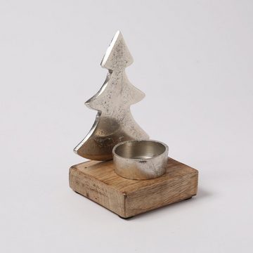 MARELIDA Teelichthalter Teelichthalter TANNENBAUM Aluminium Mangoholzsockel H: 13,2cm silber (1 St)