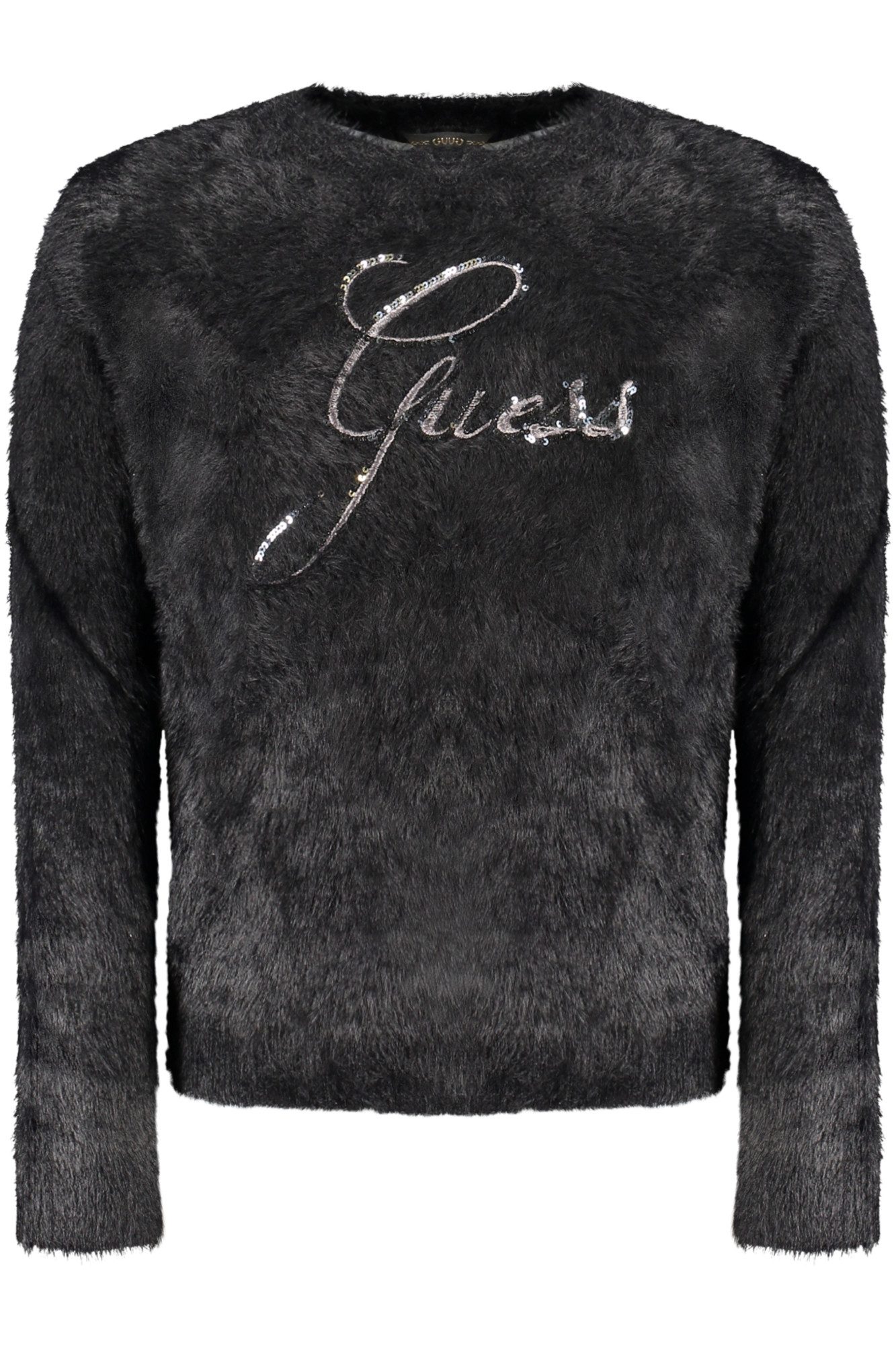 GUESS JEANS Strickpullover Stylischer Mädchenpullover Schwarz mit Stickerei & Pailletten - Rundh