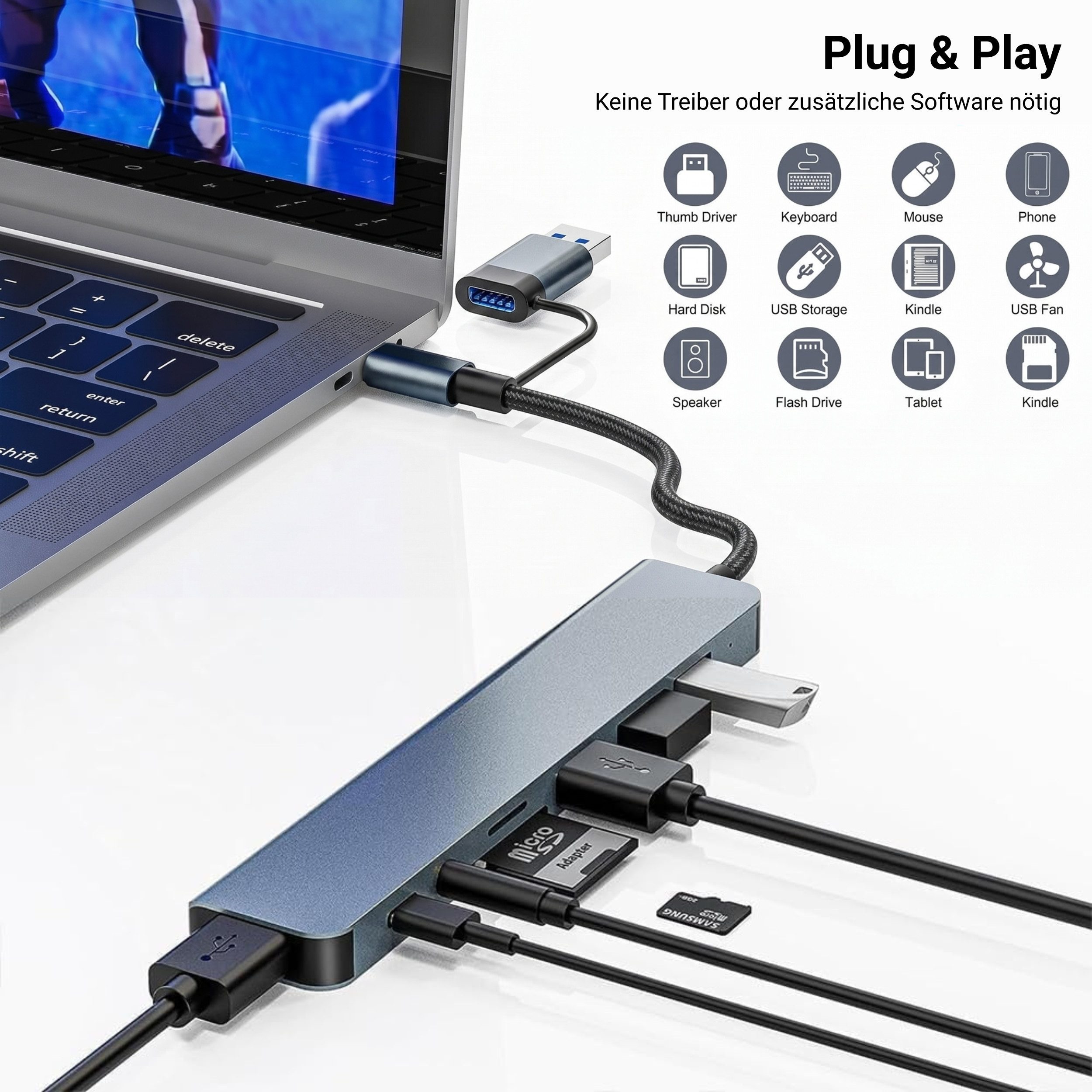 PlugUp Laptop-Dockingstation USB-C Multiport 8 in 1 Adapter USB-C USB 3.1 microSD & SD-Slot AUX, Universell kompatibel mit macOS, Windows, Linux