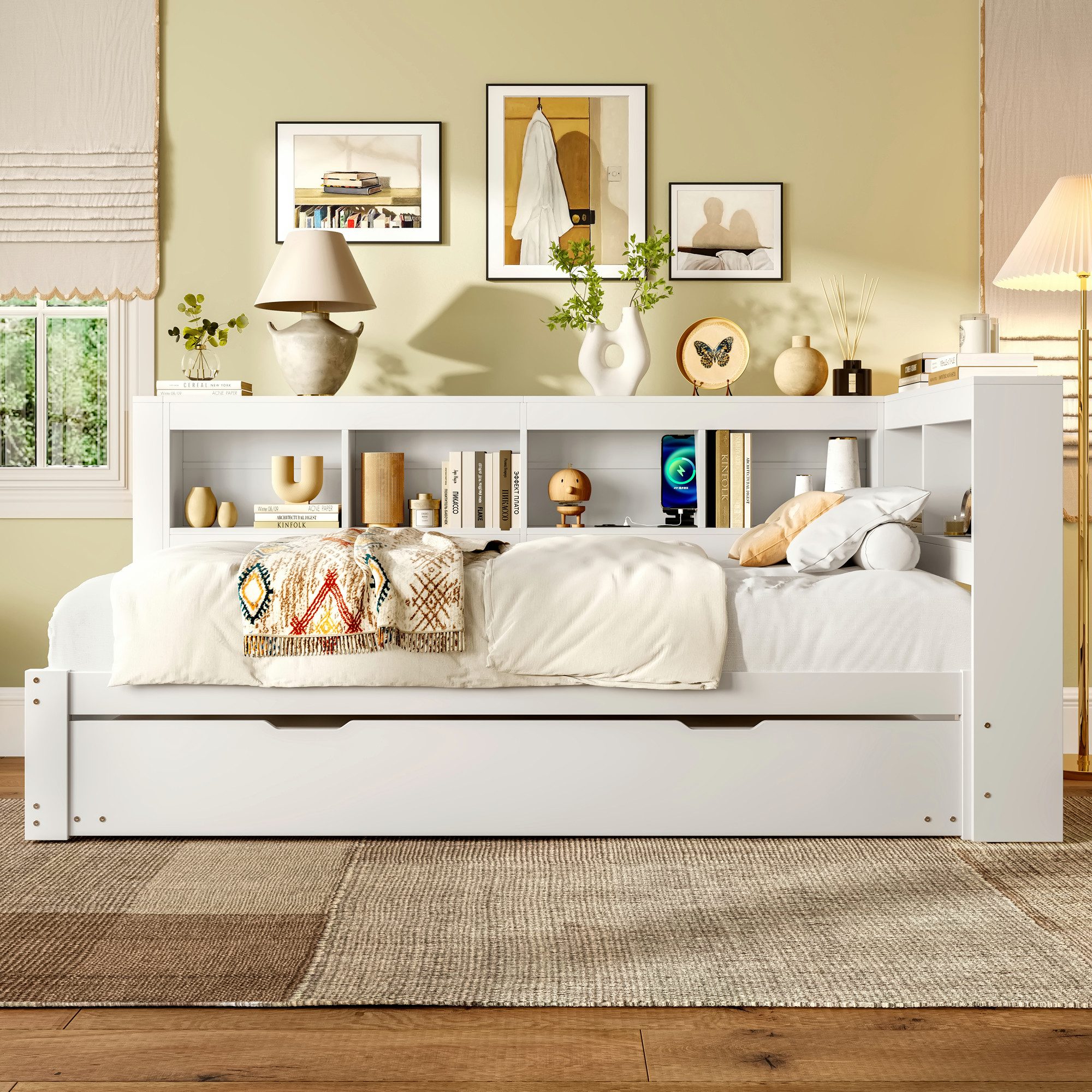 Merax Daybett mit Steckdose und 2 USB-Anschlüssen (Kiefer Sofabett Kinderbett Jugendbett, 1 tlg), Schlafsofa Tagesbett 90x200cm mit Ausziehbett 90x190cm & Stauf – Bild 3 von 5