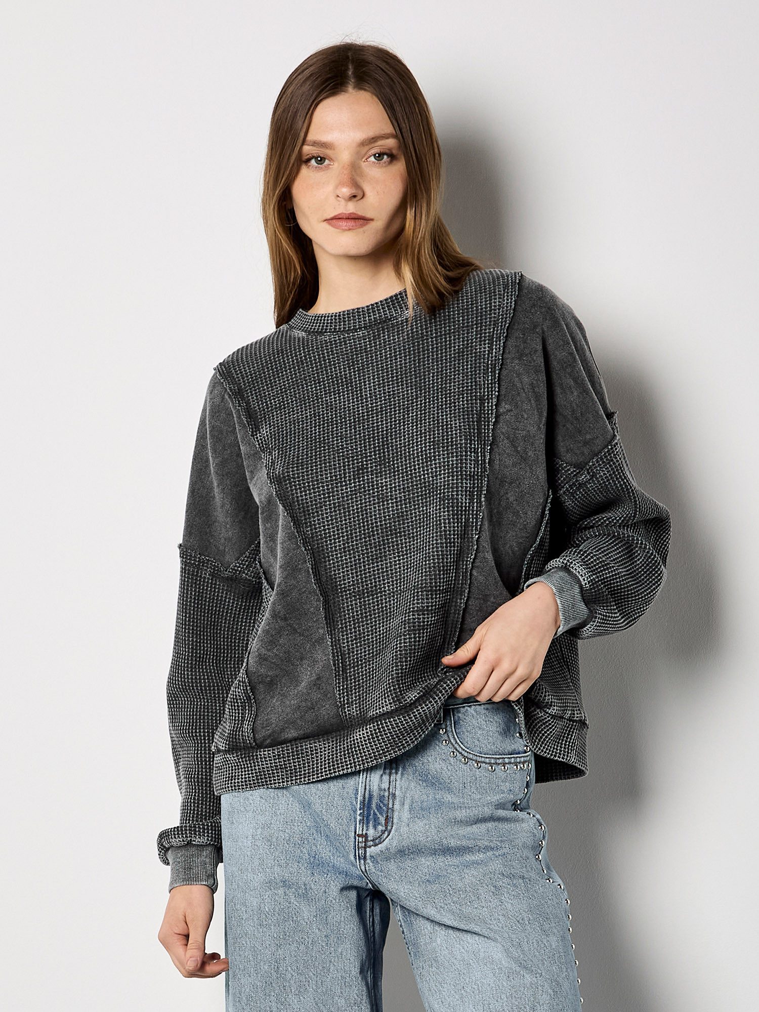 Apricot Sweatshirt Sweatshirt mit Waffelstrick-Einsätzen Einfarbig günstig online kaufen