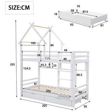 Flieks Etagenbett, Kiefer Hausbett Kinderbett mit Schubladen Regalen 90x200cm