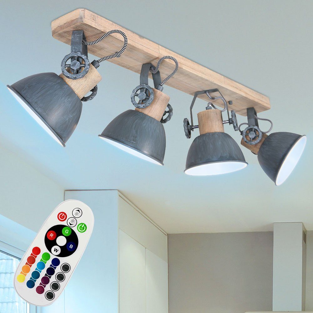 etc-shop LED Deckenspot, Leuchtmittel inklusive, Warmweiß, Farbwechsel, Retro Decken Lampe Fernbedienung verstellbar Holz Spot Leuchte grau