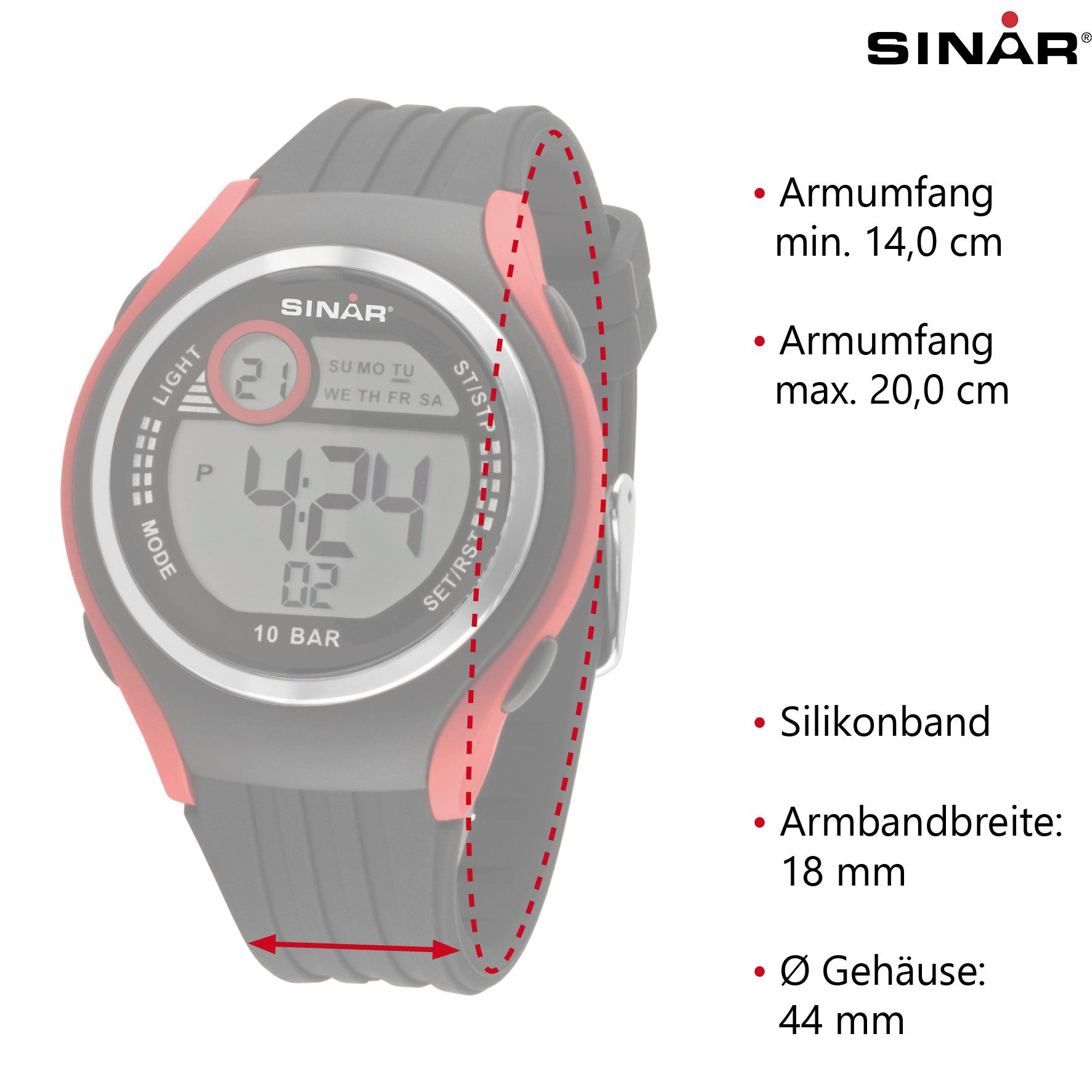 SINAR Digitaluhr XF-66 Jugenduhr Sportuhr Silikonband 10 bar, digital sportlich modern Geschenkidee Jugend Ø 44 mm