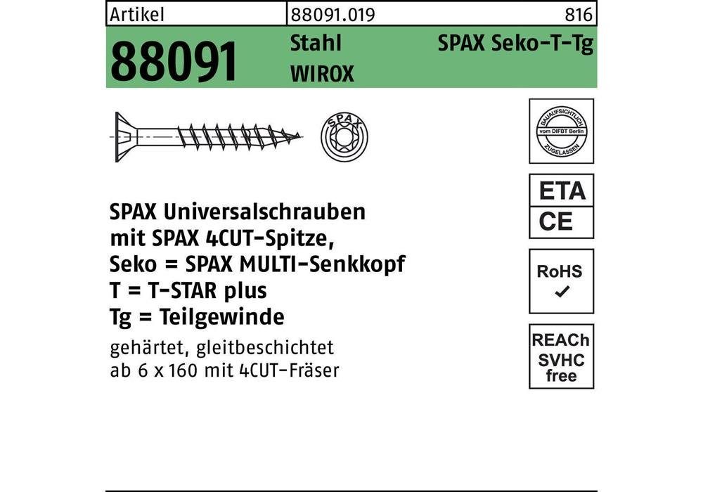 SPAX Senkschraube Schraube R 88091 Senkkopf/T-STAR TG 6 x 70/41-T30 Stahl WIROX | Schrauben