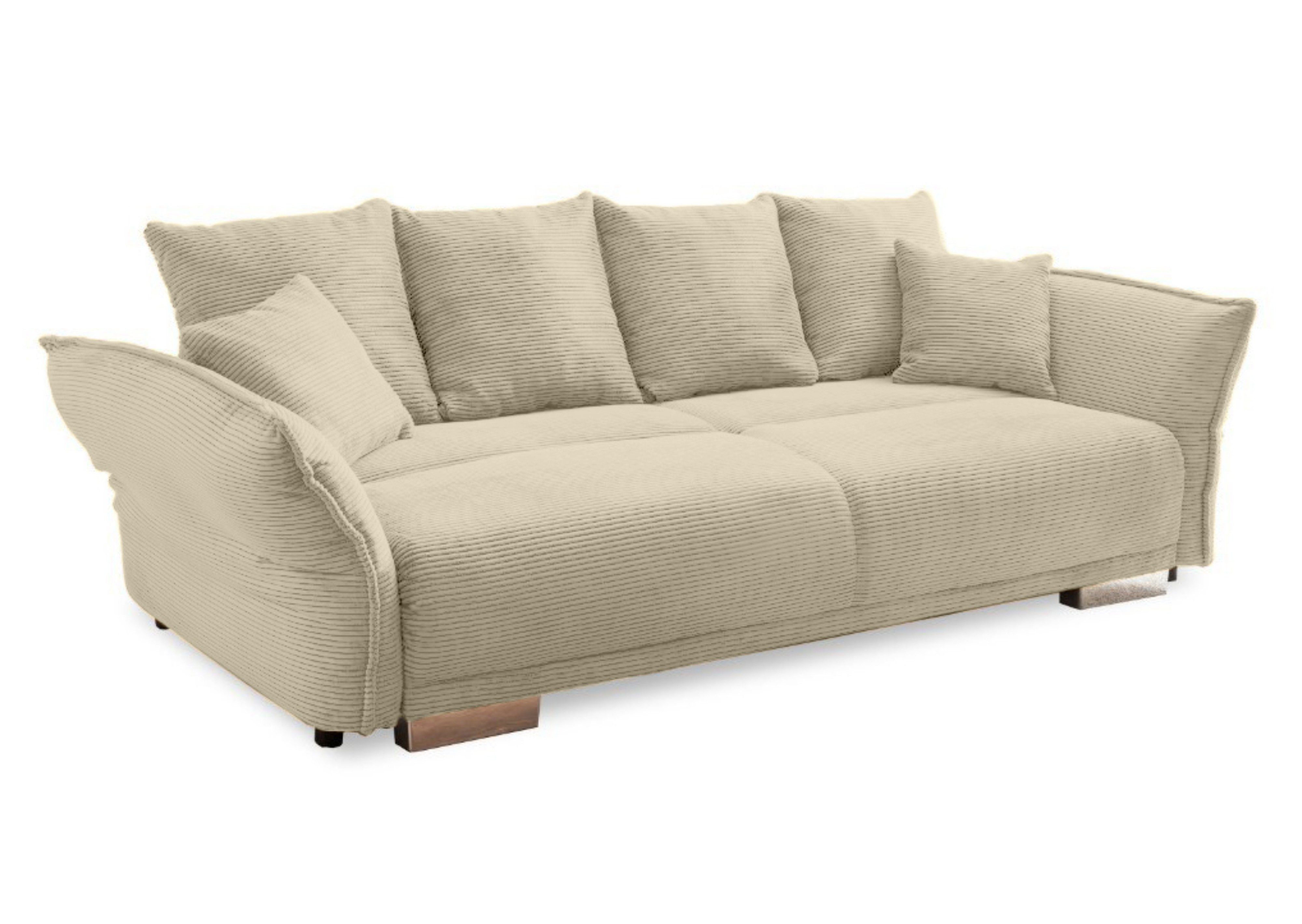 luma-home Big-Sofa 17215, mit Bettfunktion B242/T131/H90 cm, Liegefläche 168x199 cm, rasterlose Armlehnenverstellung, Federkernpolsterung, Wellenunterfederung, Stauraum, Kissen, Bezug Cord Beige Grau