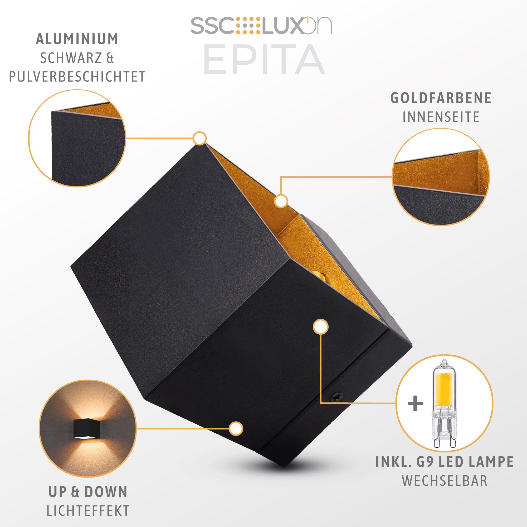 gold inkl. LED LED Treppenleuchte G9, Down Wandleuchte schwarz SSC-LUXon Warmweiß EPITA Licht Up