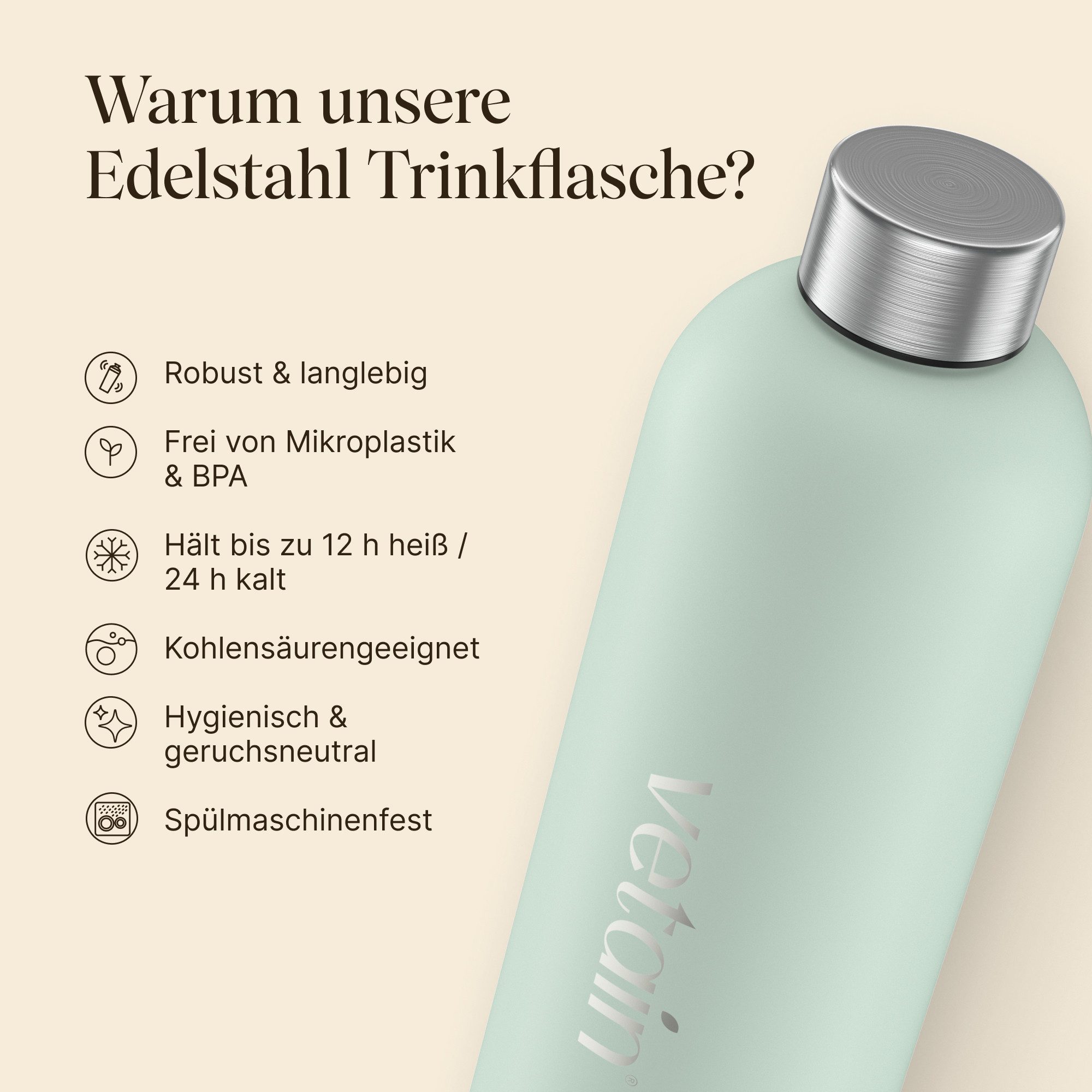 VETAIN Trinkflasche Edelstahl 1L, BPA-Frei - Kohlensäure geeignet - Isoliert - Auslaufsicher