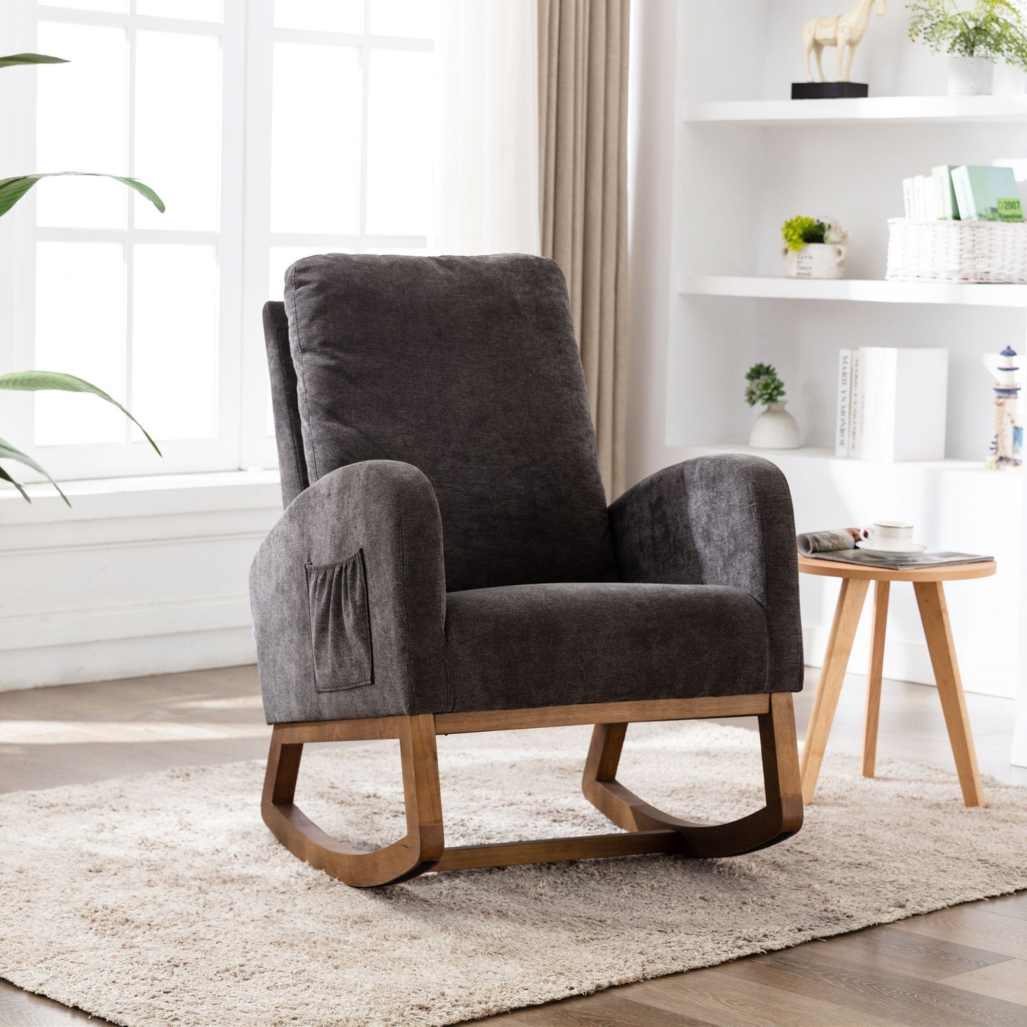 BlingBin Schaukelstuhl Relaxstuhl sessel (1 St), Mit Seitentasche, Rahmen aus Massivholz und Gummi, gepolstert Grau