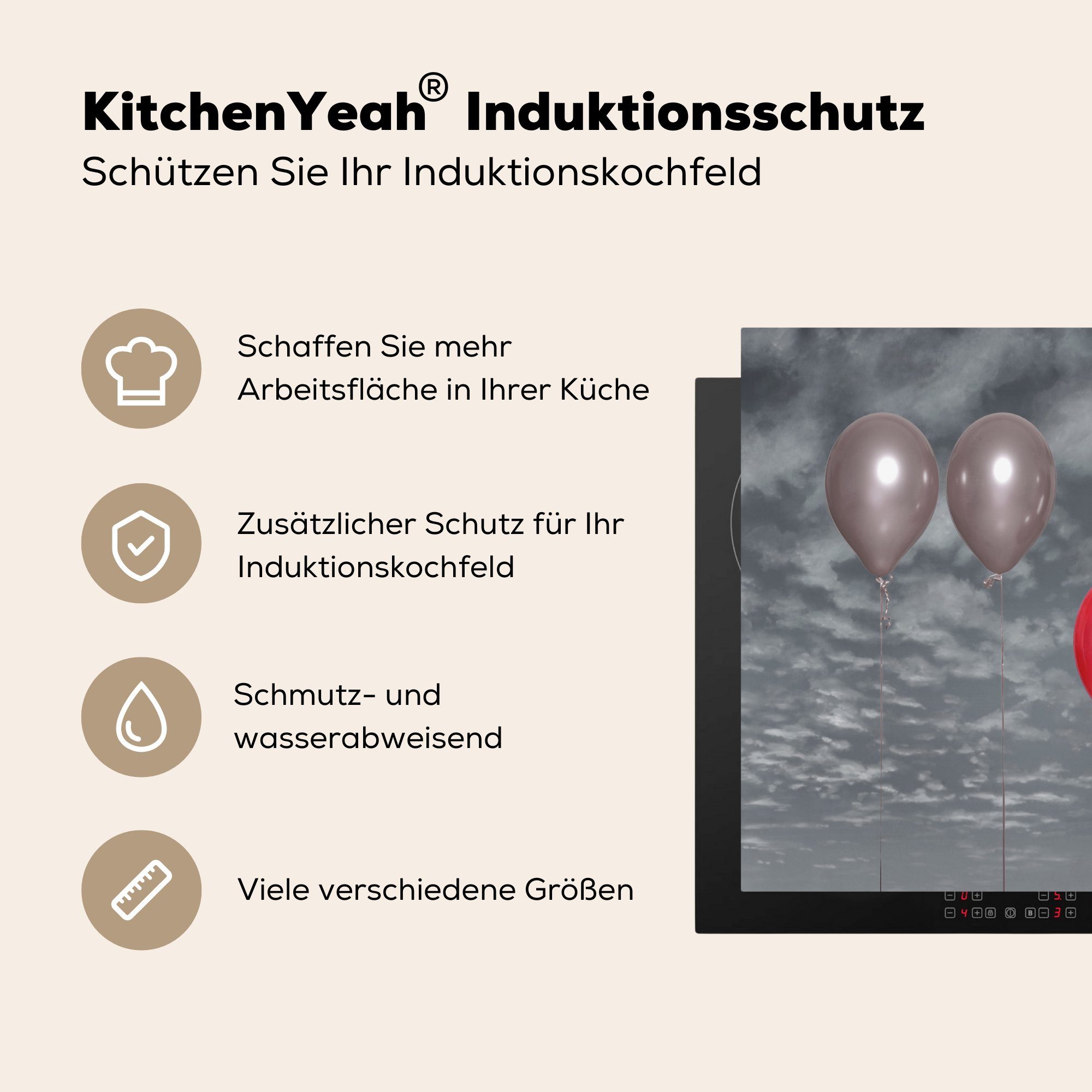 MuchoWow Vinyl, tlg), Mobile grauen mit und einem nutzbar, cm, Herdblende-/Abdeckplatte 60x52 roten, Arbeitsfläche (1 Schwarz-Weiß-Foto Ein Luftballons Ceranfeldabdeckung drei