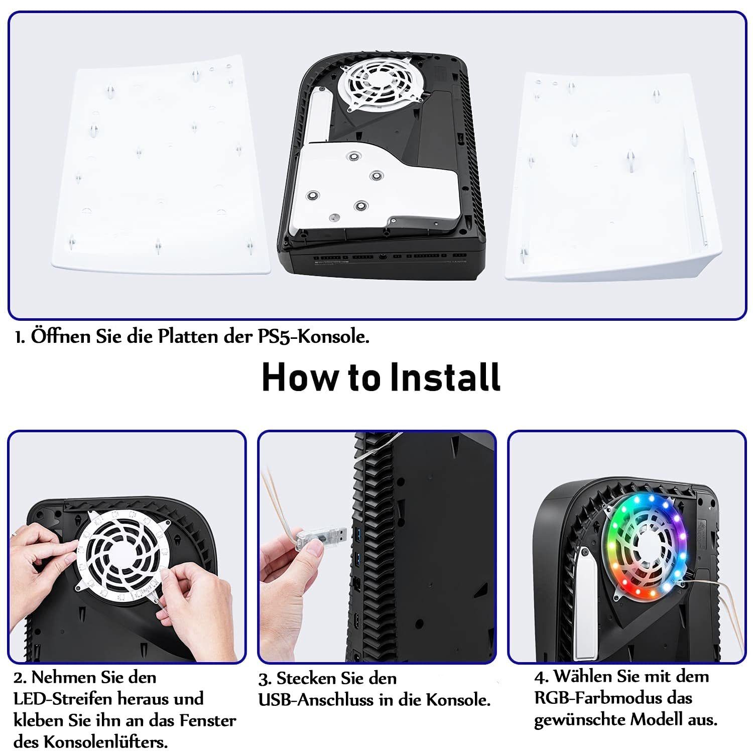 zggzerg PS5 Faceplate mit LED-Lichtring mit Kühlung Öffnungen PlayStation 5-Controller (LED-Lichtring Konsolenabdeckung für Disc Edition DIY Dekoration Kit)