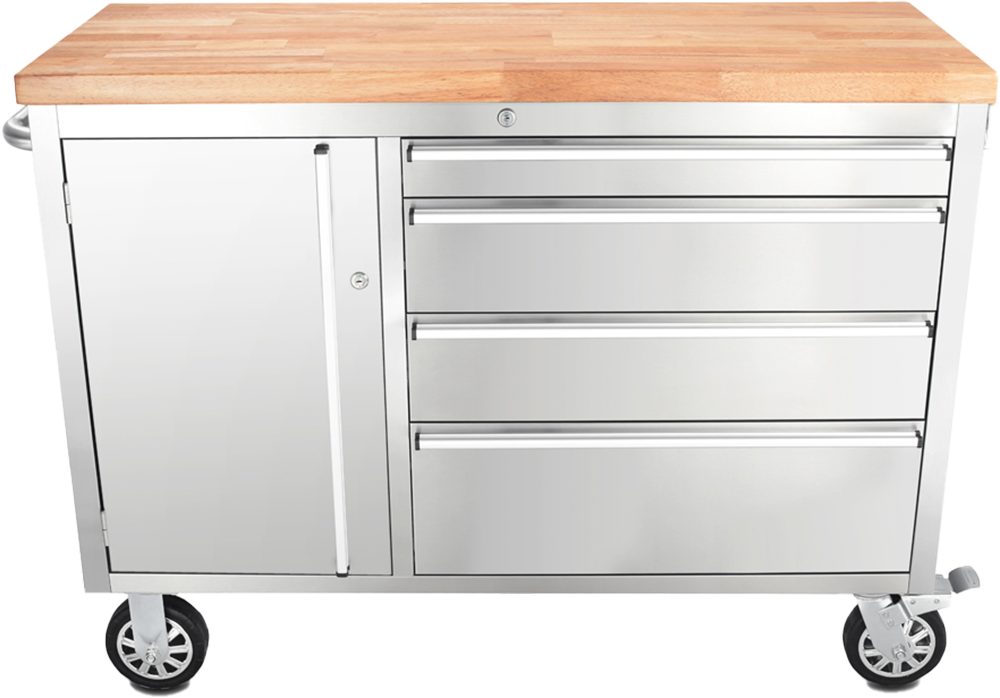 ONDIS24 Werkstattwagen Werkzeugwagen aus Edelstahl mit 1 Tür 4 Schubladen, max. Traglast:300 kg, fahrbar, kugelgelagerten Schubladen, abschließbar, Massivholzplatte