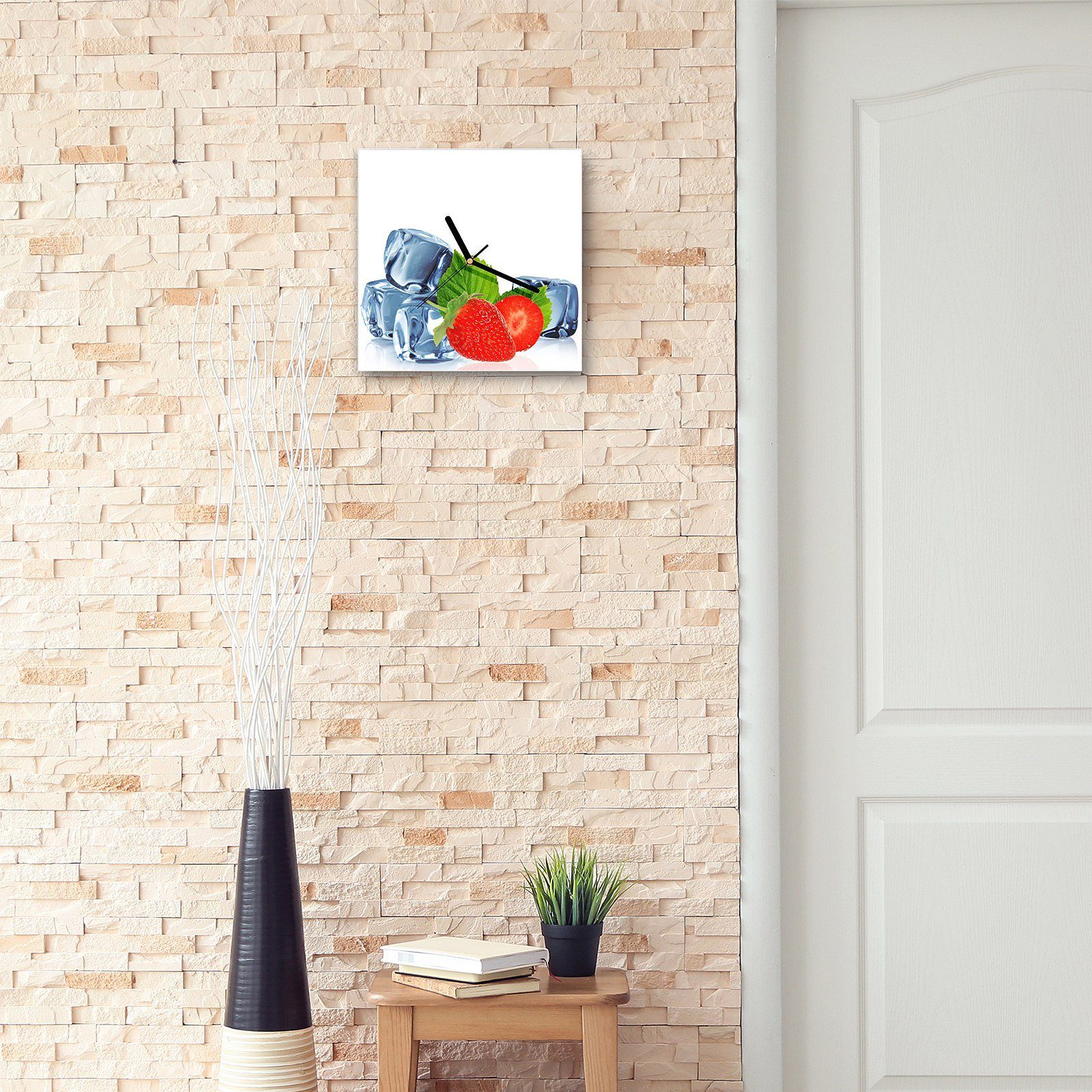 Glasuhr cm 30 und Wandkunst Primedeco Größe Wanduhr mit 30 Erdbeeren Eiswürfel Wanduhr x Motiv