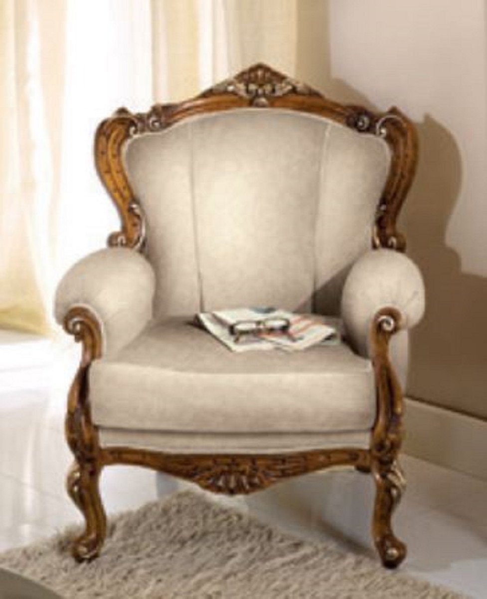 Casa Padrino Sessel Luxus Barock Sessel Grau / Braun - Handgefertigter Mahagoni Wohnzimmer Sessel - Barock Wohnzimmer Möbel - Luxus Qualität - Made in Italy