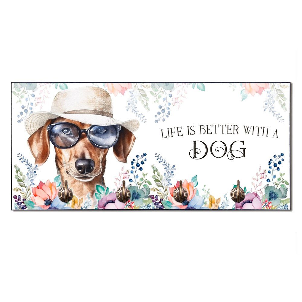 Cadouri Wandgarderobe KURZHAARDACKEL Hundegarderobe - Wandboard für Hundezubehör (Garderobe mit 4 Haken), MDF, mit abgeschrägten Ecken, handgefertigt, für Hundebesitzer