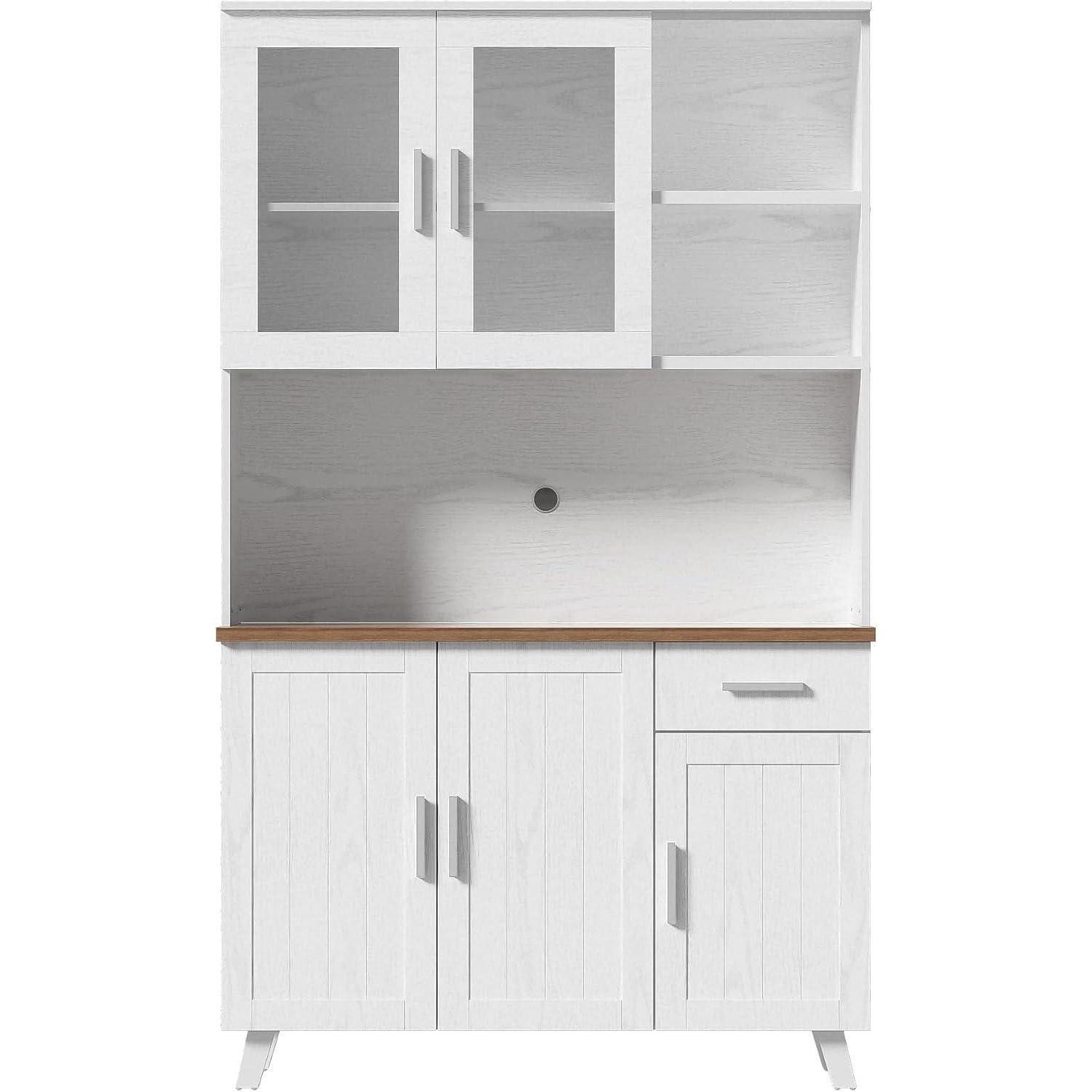 LuxusKollektion Hochschrank Sideboard weiß Holzmaserung 114x40x190 cm mit Glastüren
