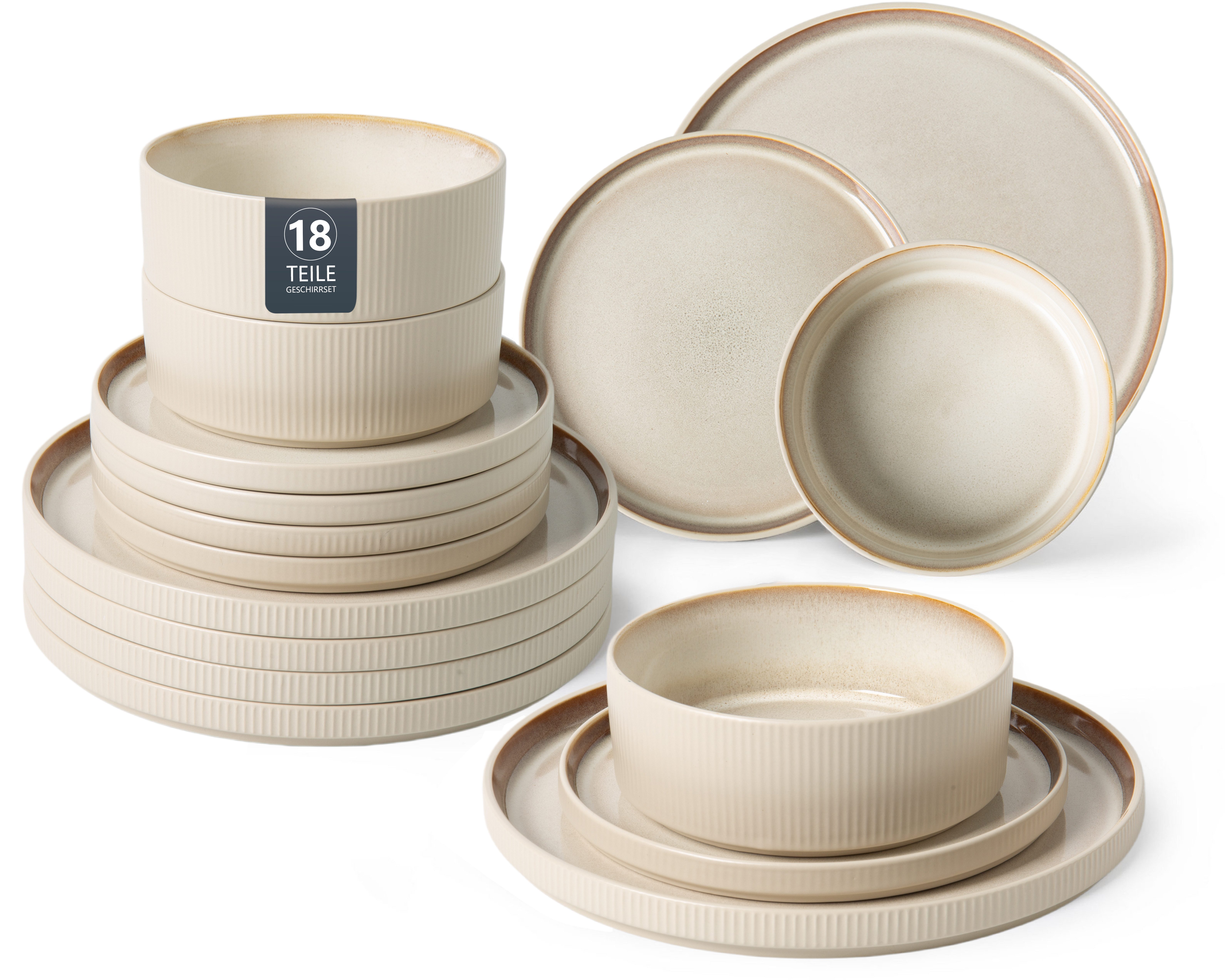 OTTO home Geschirr-Set Ylvii, außen matt, innen reaktiv glasiert (18-tlg), 6 Personen, Steinzeug, Riffeloptik, spülmaschinenfest und mikrowellengeeignet