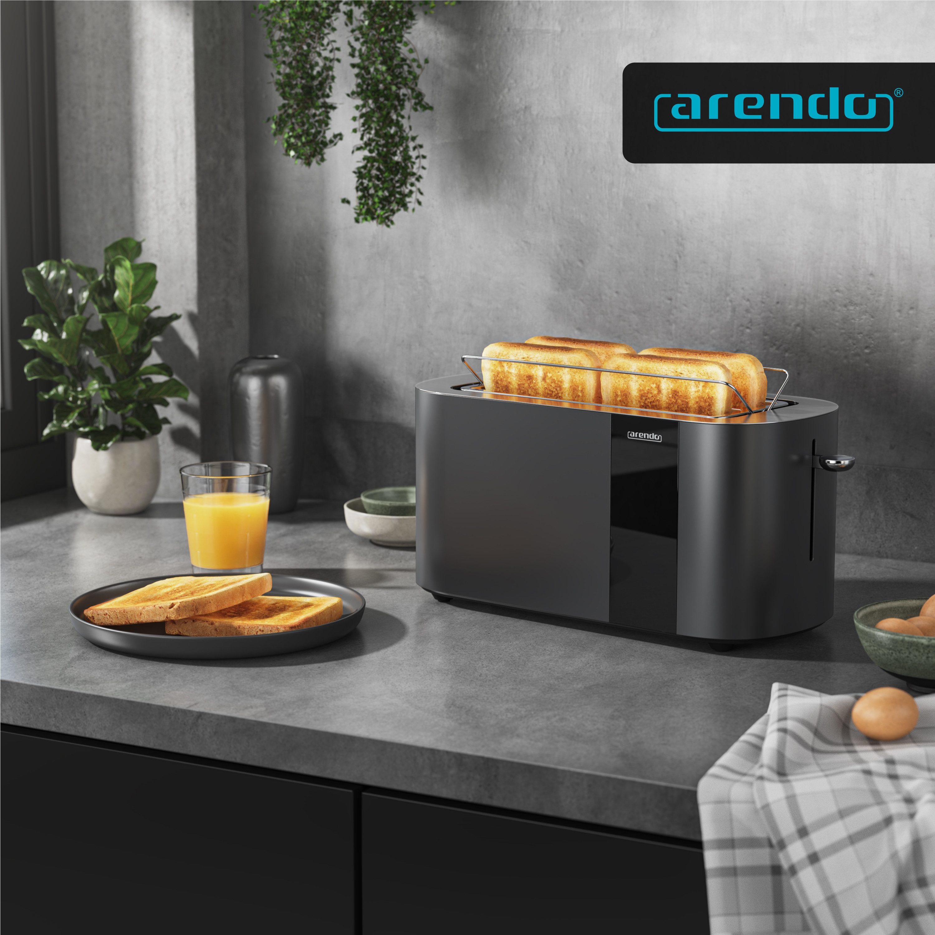 Arendo Toaster Edelstahl, Langschlitz, Touch Display, Restzeit & Bräunungsgradanzeige, 2 lange Schlitze, für 4 Scheiben, 1500 W, Brötchenaufsatz, Wärmeisoliert, Toast-Symbole für Bräunungsgradauswahl
