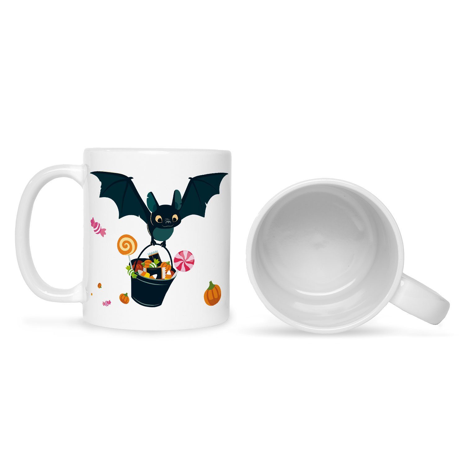 Design Geschenke Weiß Schaurige Motiv zu GRAVURZEILE - Halloween - mit Tasse Fledermaus